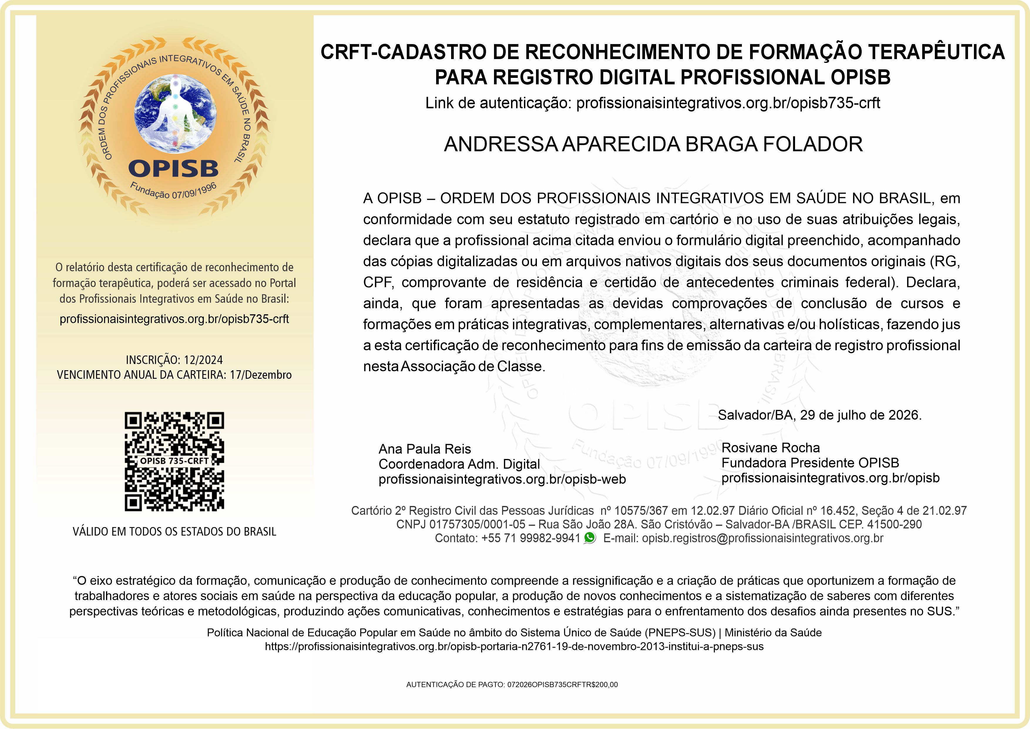 OPISB 735-CRFT Cadastro de Reconhecimento de Formação Terapêutica