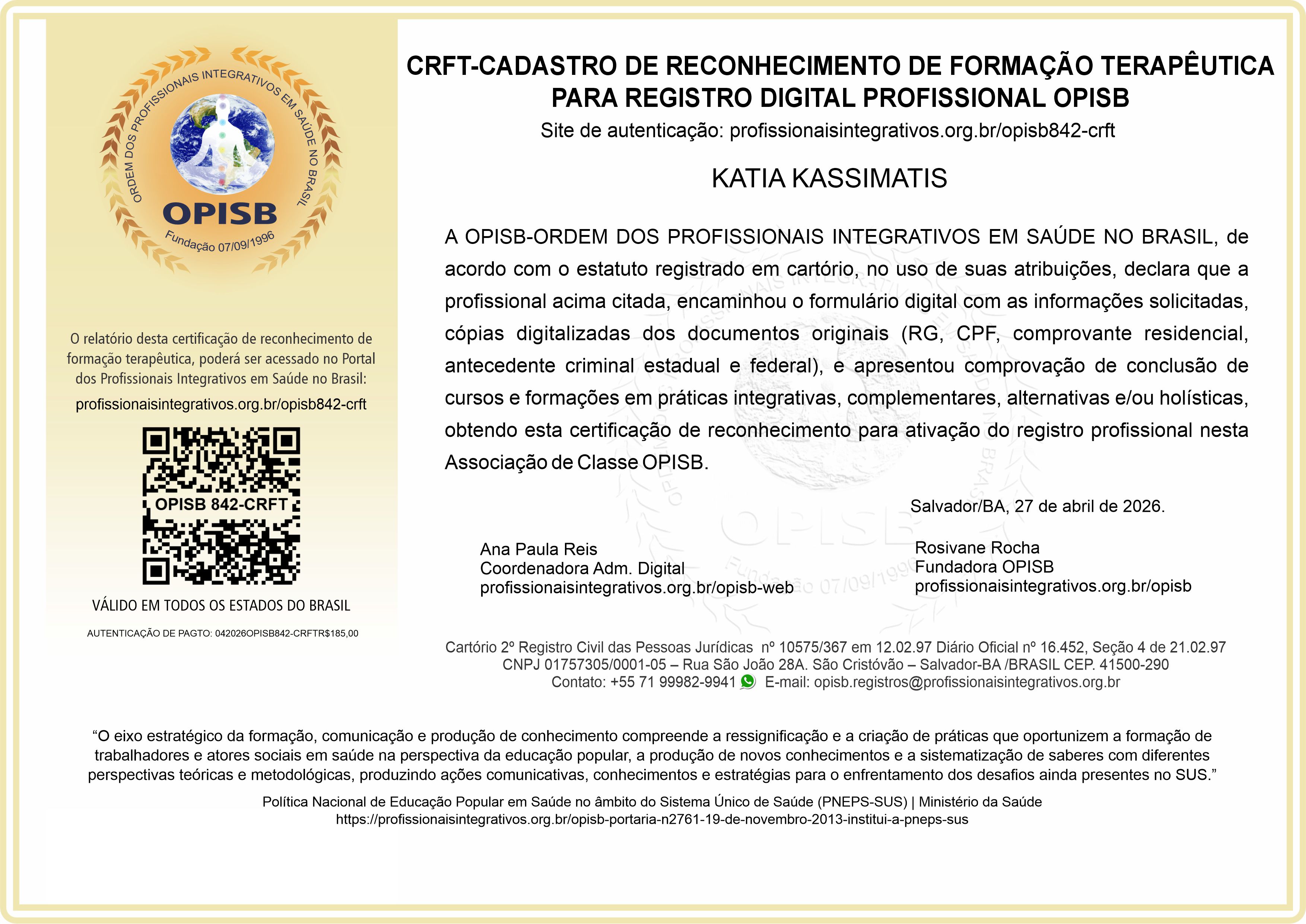 OPISB 842-CRFT Cadastro de Reconhecimento de Formação Terapêutica