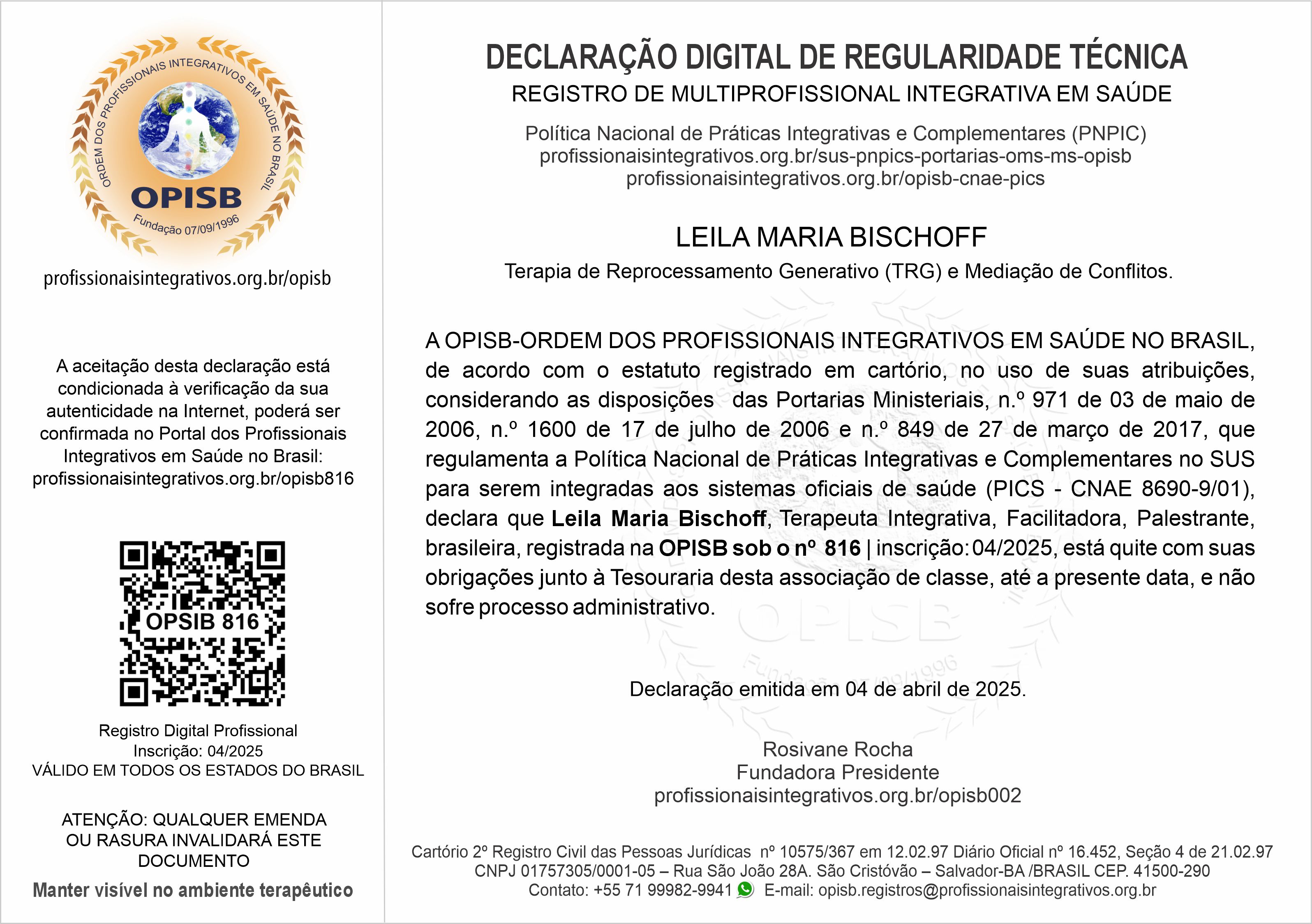 OPISB 816 Leila Maria Bischoff Declaração Digital de Regularidade Técnica