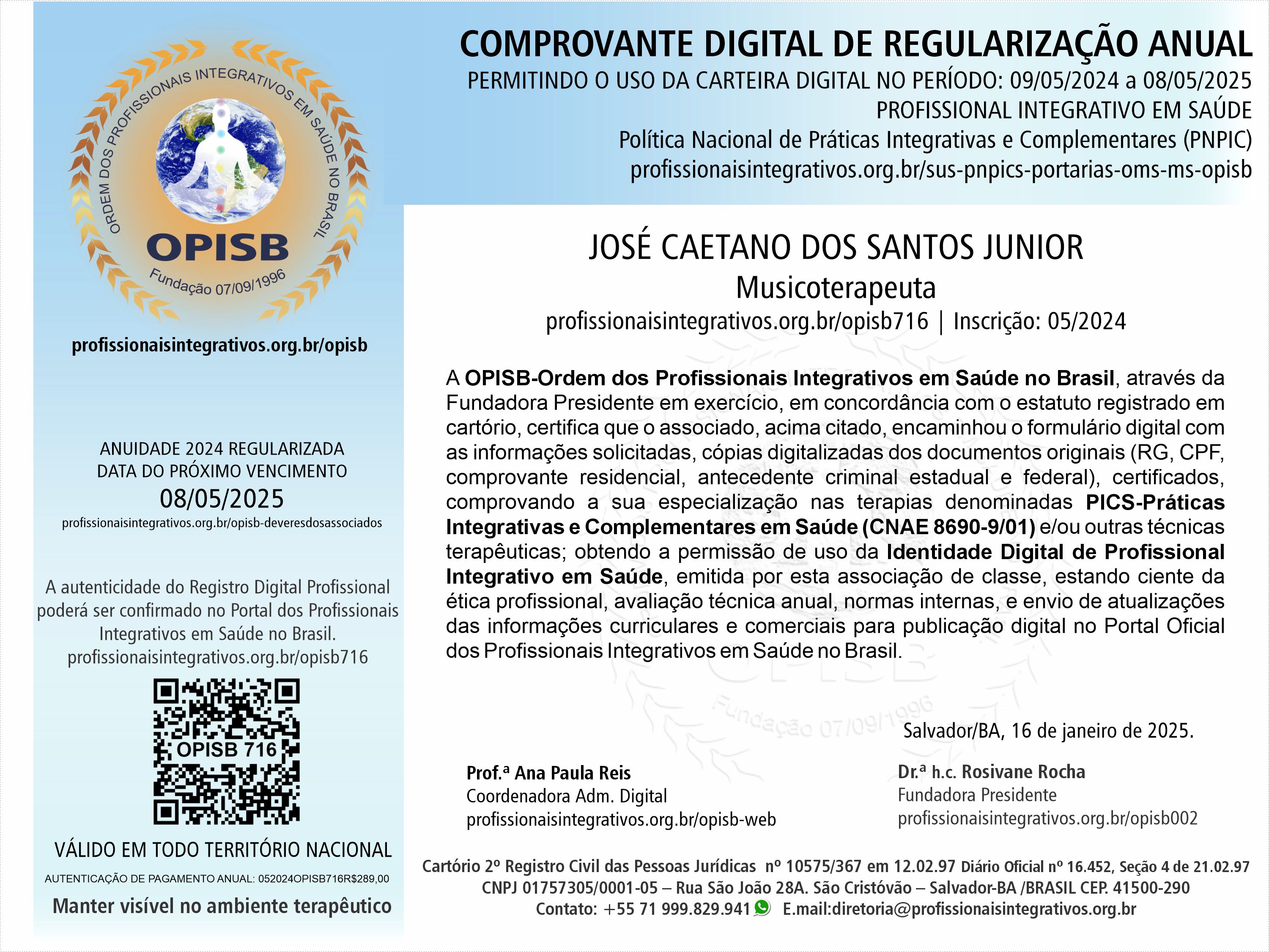 OPISB 716 José Caetano dos Santos Junior Comprovante Digital de Regularização Anual