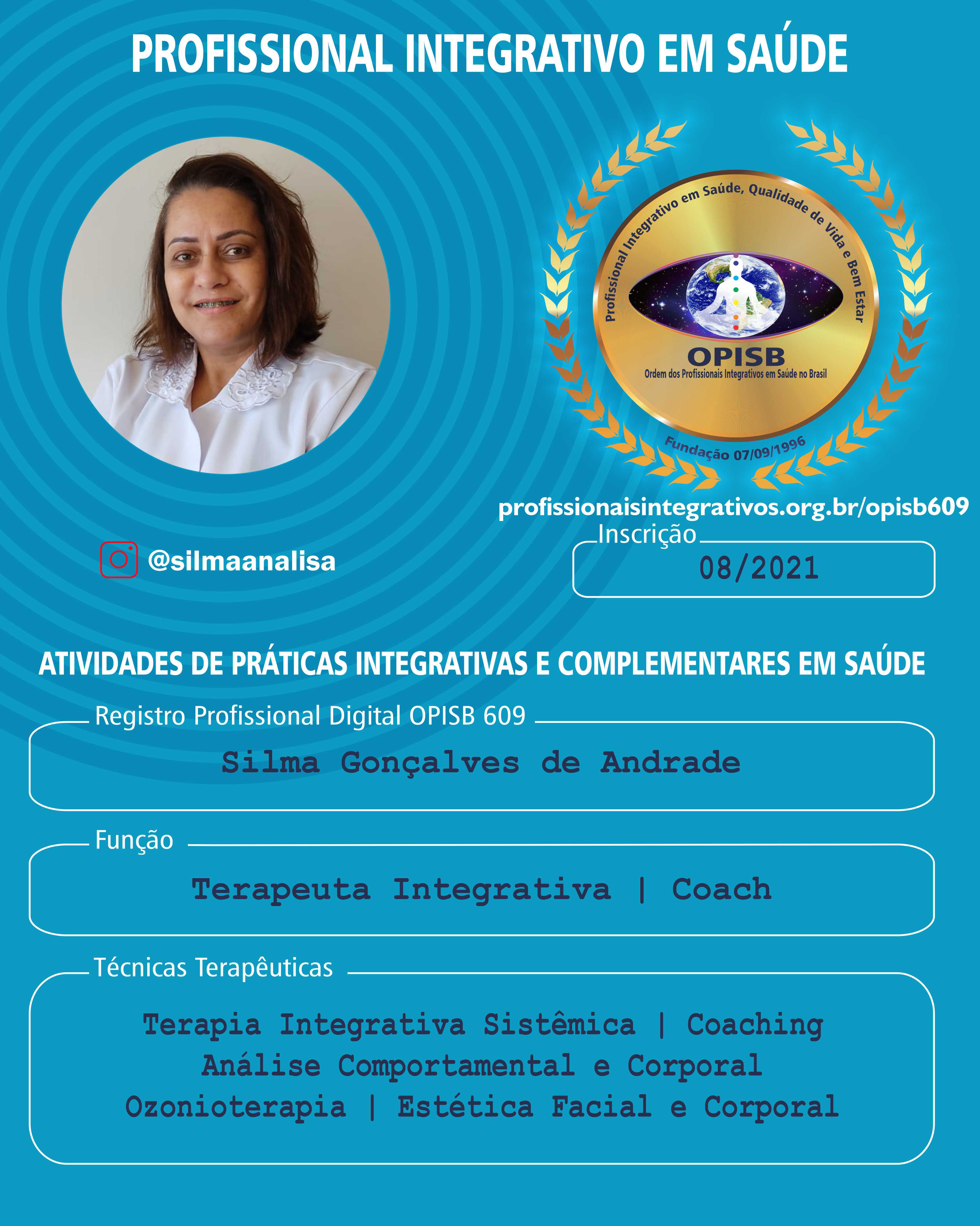 OPISB 609 SILMA GONÇALVES DE ANDRADE CARTÃO DE DIVULGAÇÃO PROFISSIONAL INTEGRATIVO EM SAÚDE frente