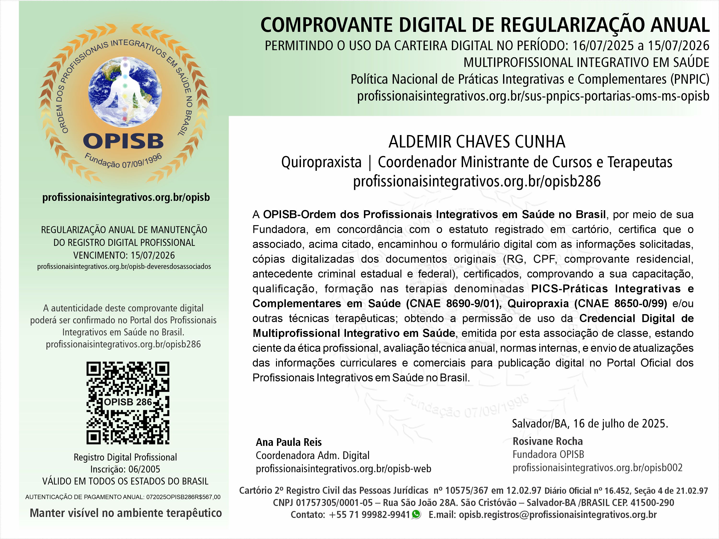 OPISB 286 Aldemir Chaves  Comprovante Digital de Regularização Anual