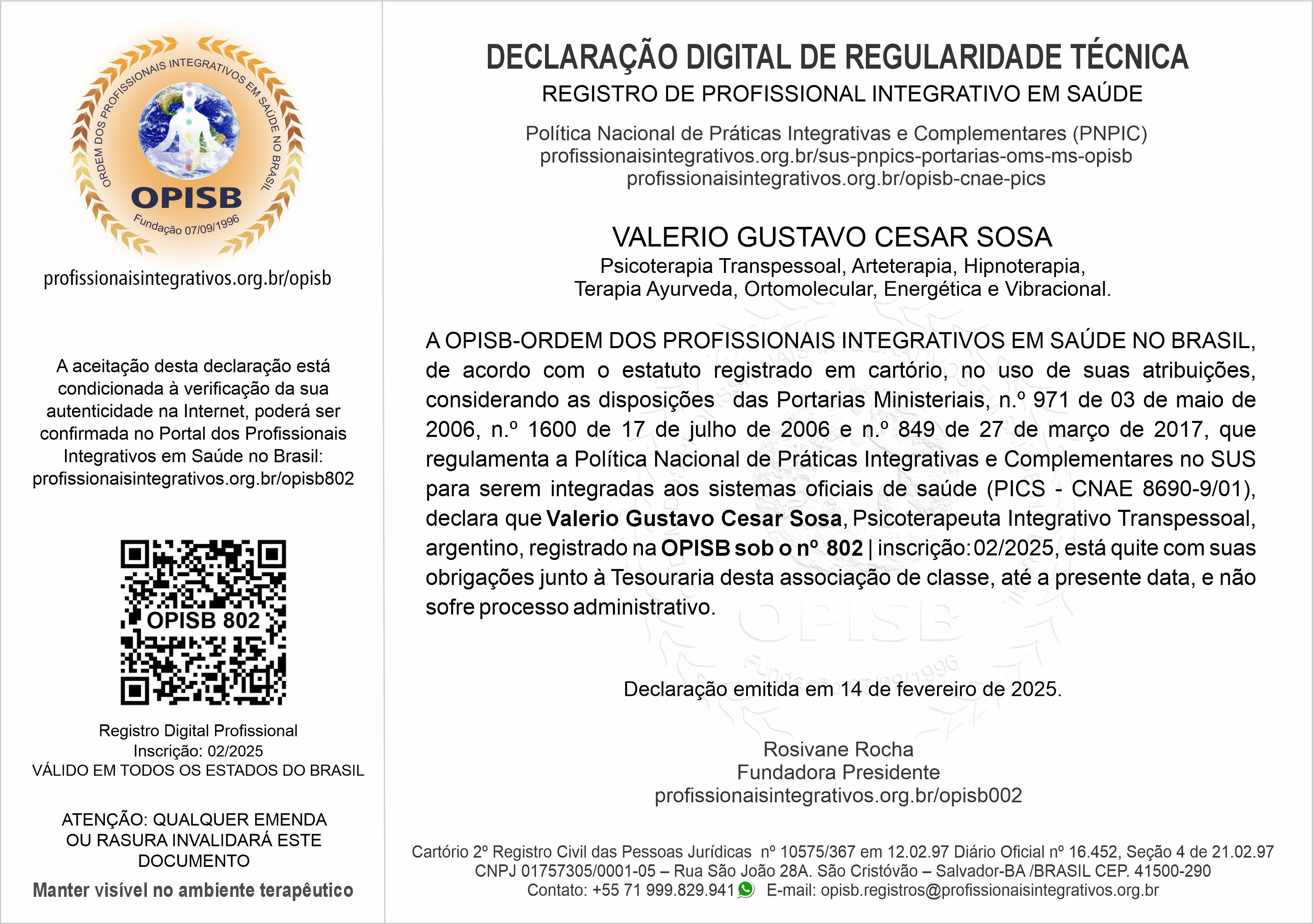 OPISB 802 Valerio Gustavo Cesar Sosa  Declaração Digital de Regularidade Técnica