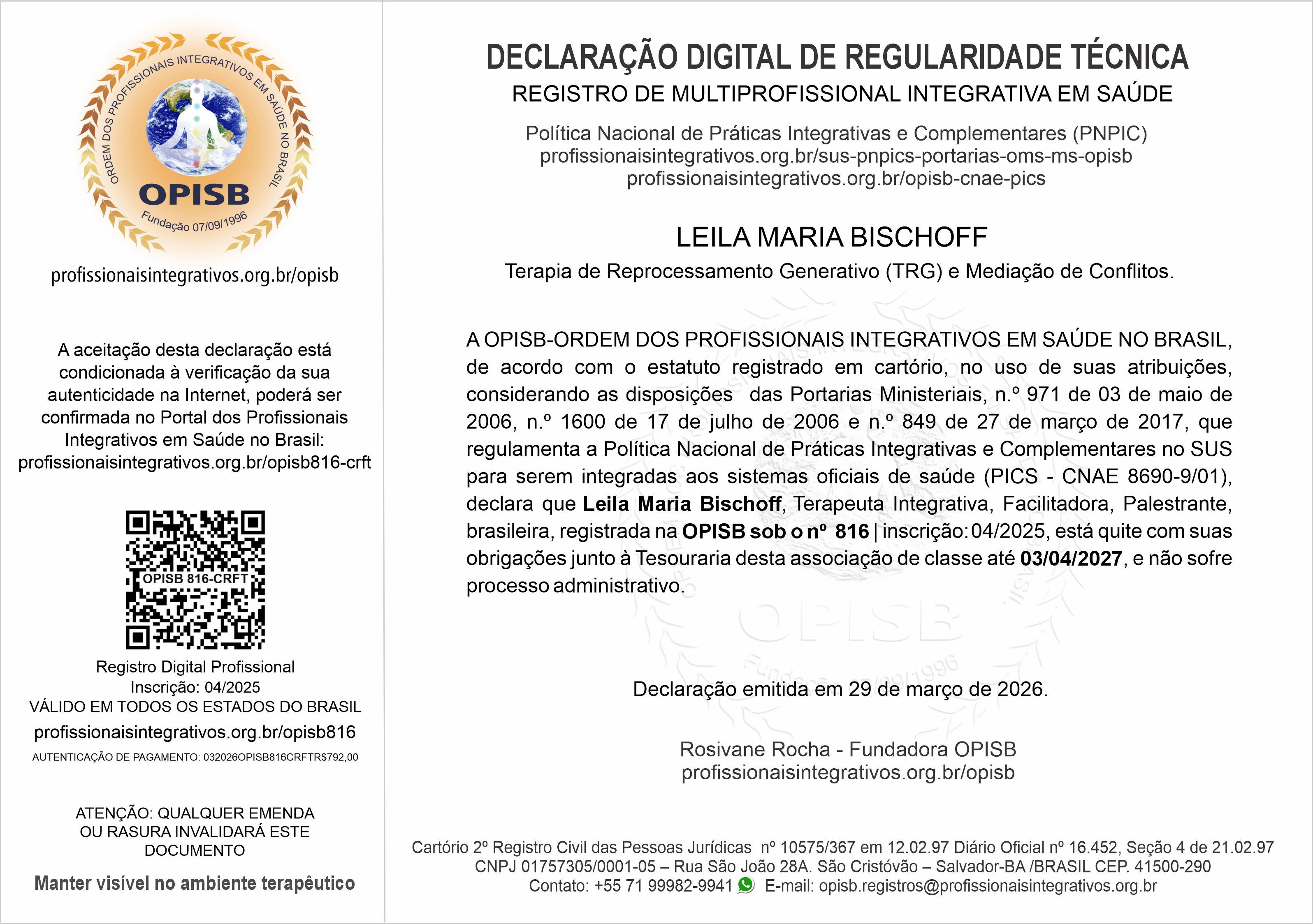 OPISB 816 Leila Maria Bischoff Declaração Digital de Regularidade Técnica