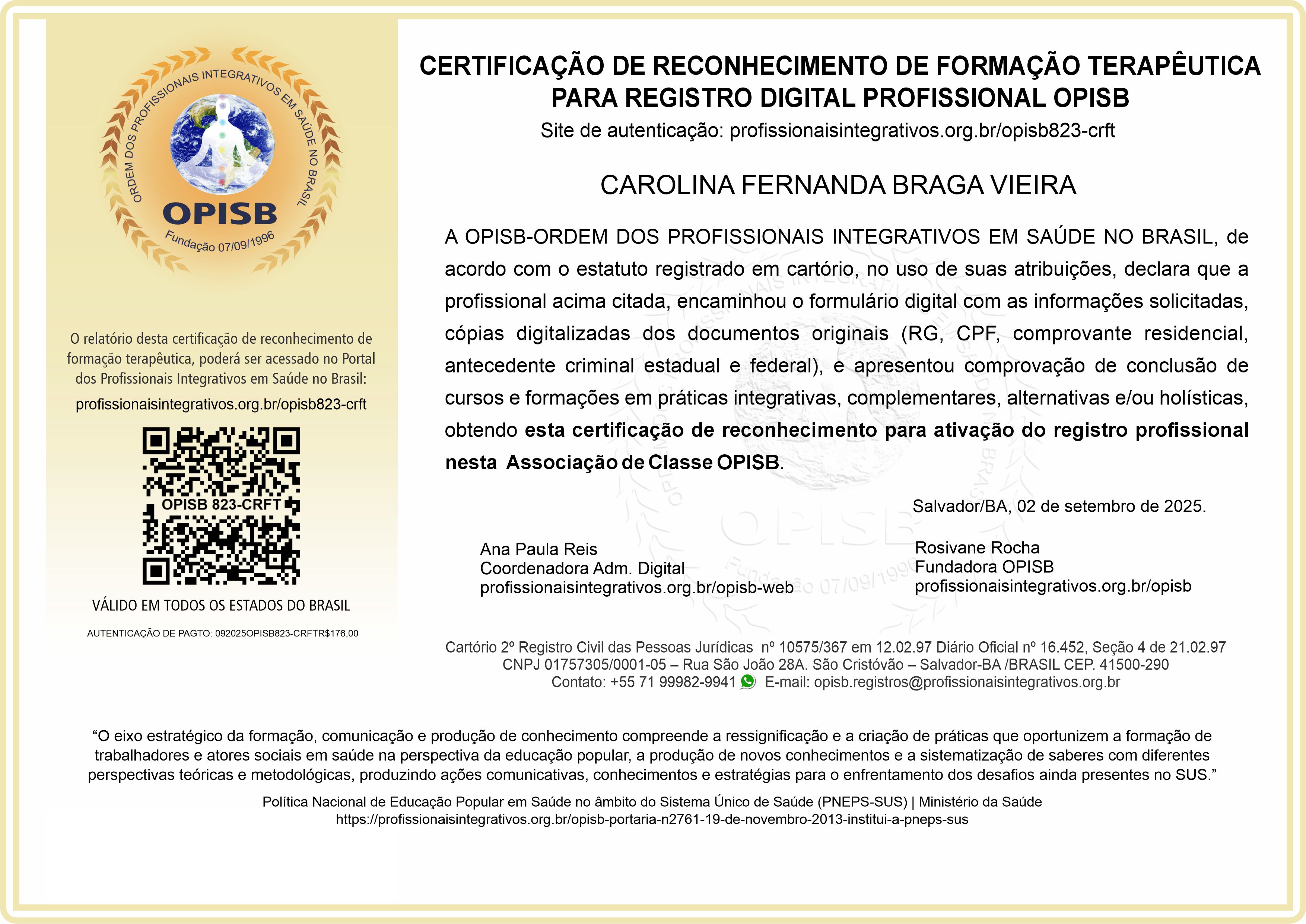 OPISB 823-CRFT CERTIFICAÇÃO DE RECONHECIMENTO DE FORMAÇÃO TERAPÊUTICA