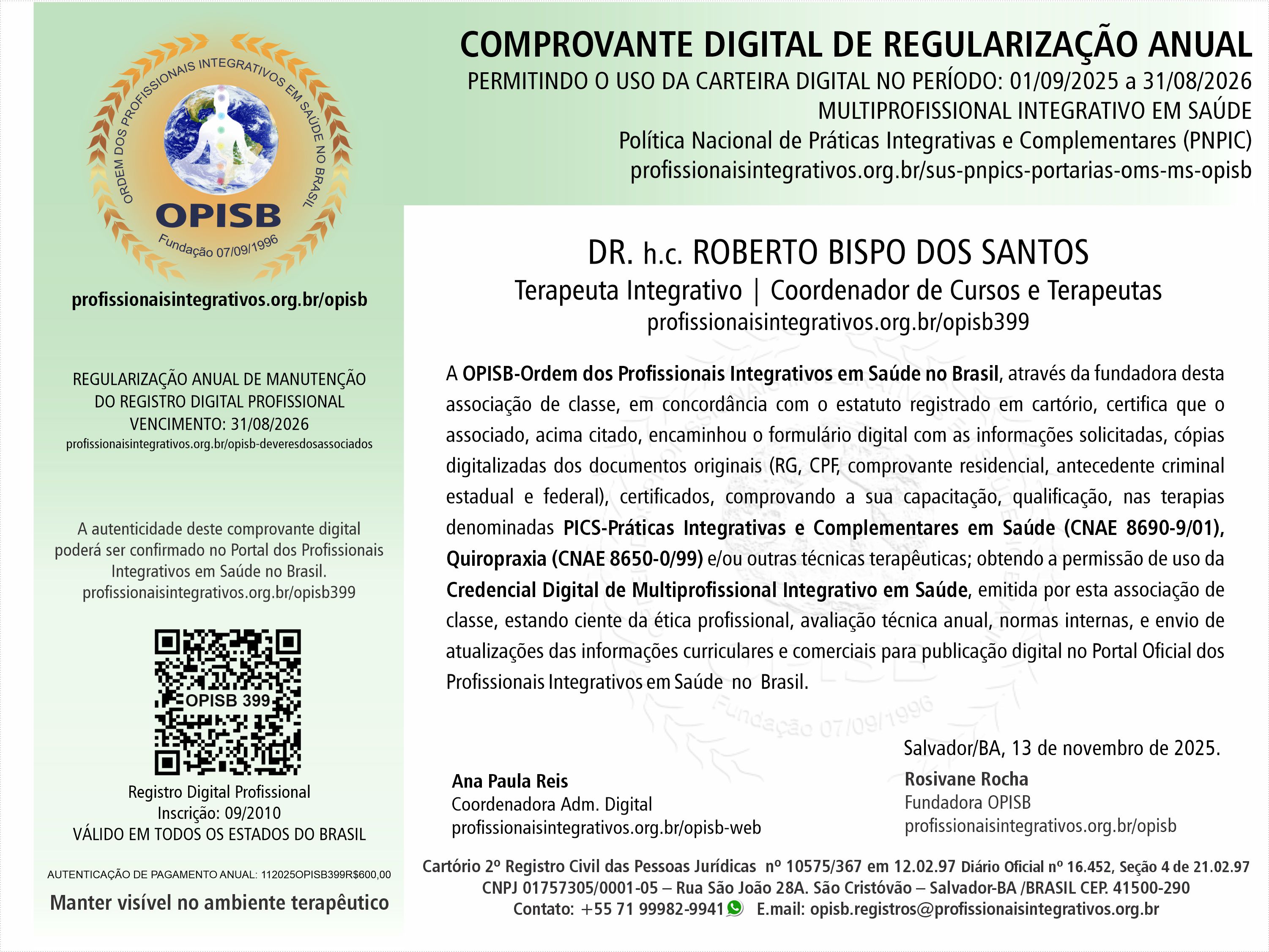 OPISB 399  Dr. h.c. Roberto Bispo dos Santos  Comprovante Digital de Regularização Anual