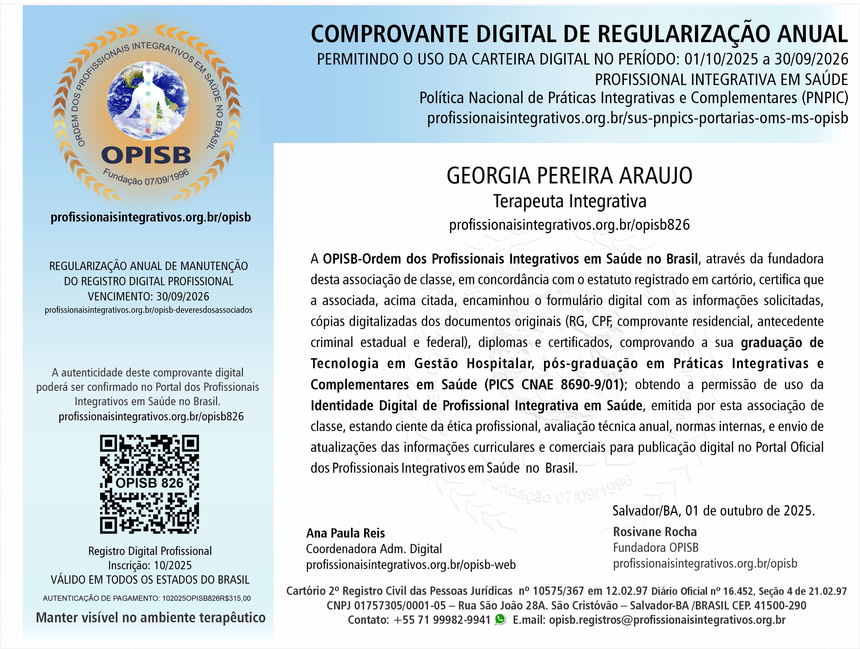 OPISB 826  Georgiá Araujo  Comprovante Digital de Regularização Anual