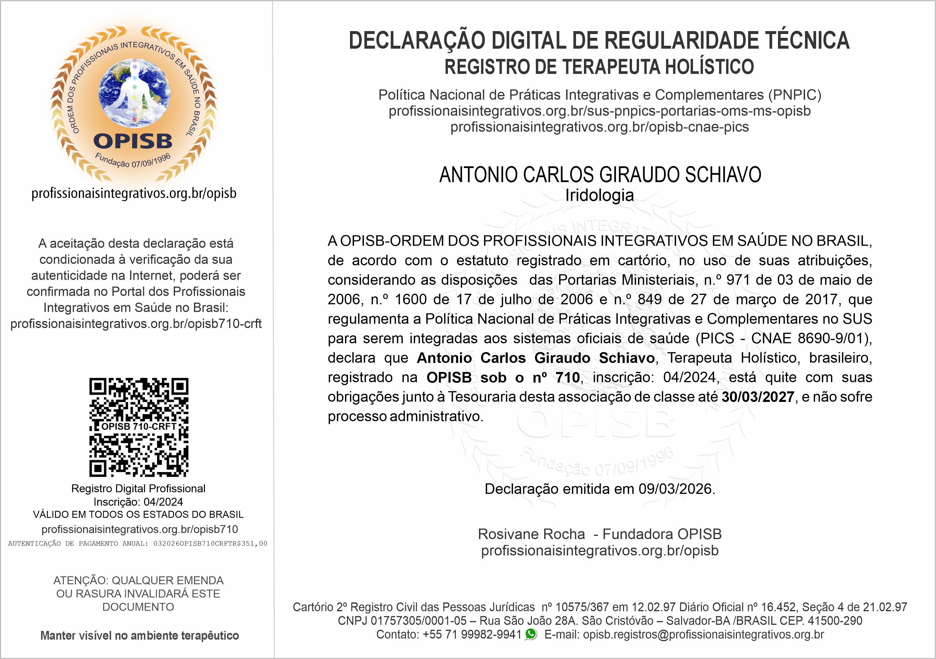 OPISB 710 Declaração Digital de Regularidade Técnica