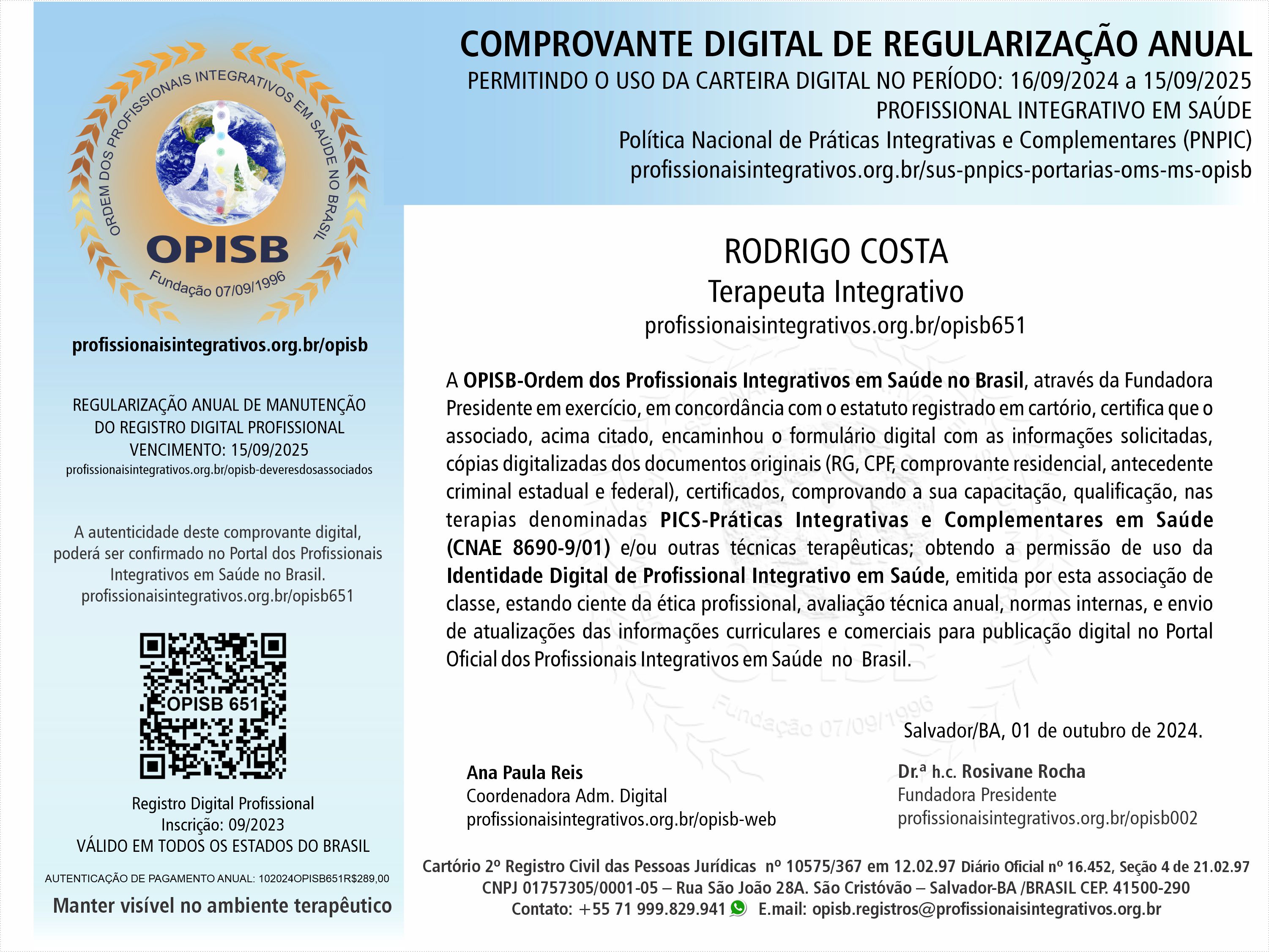 OPISB 651 Dr. Rodrigo Costa Comprovante Digital de Regularização Anual