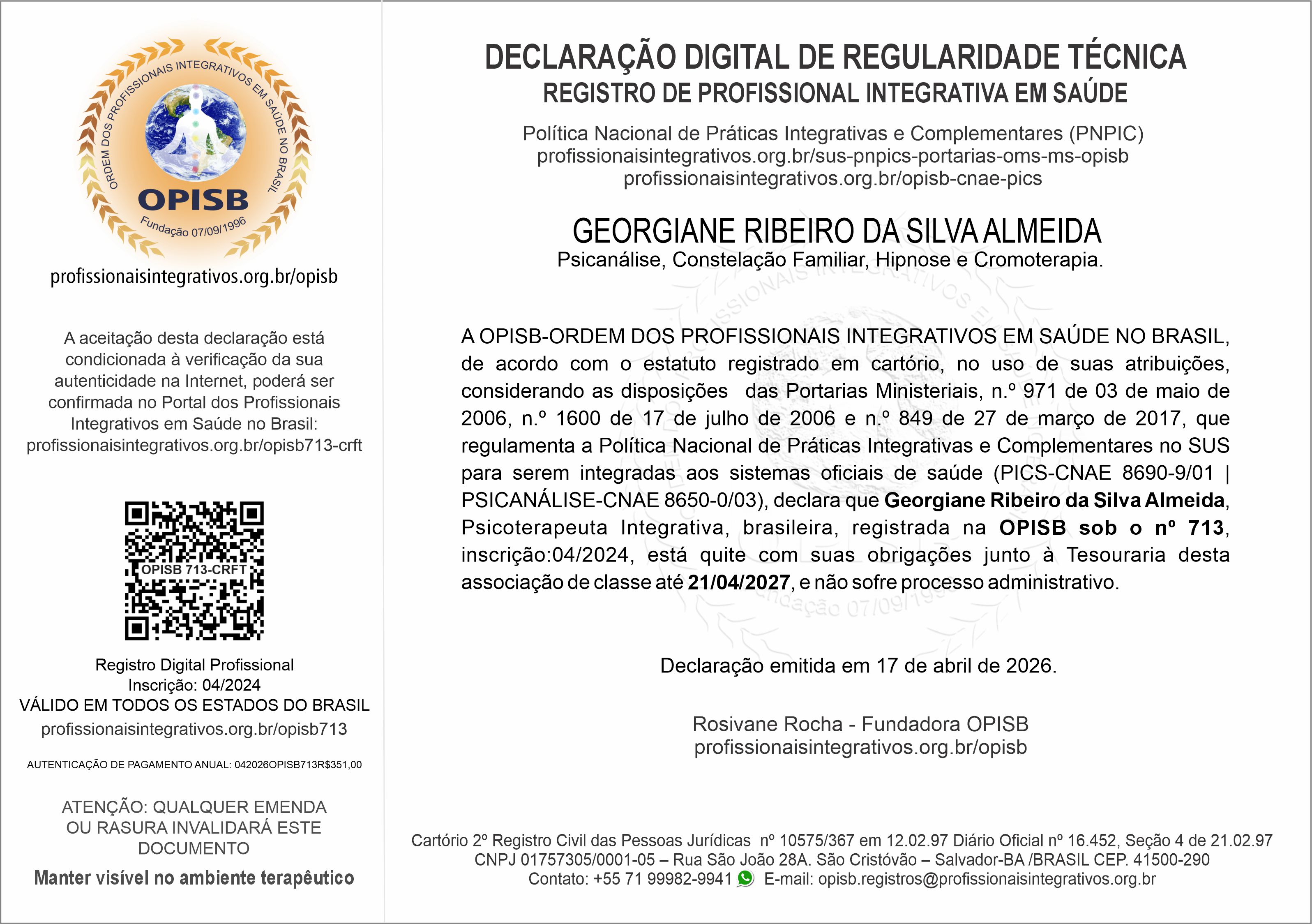 OPISB 713 Georgiane Ribeiro Declaração Digital de Regularidade Técnica