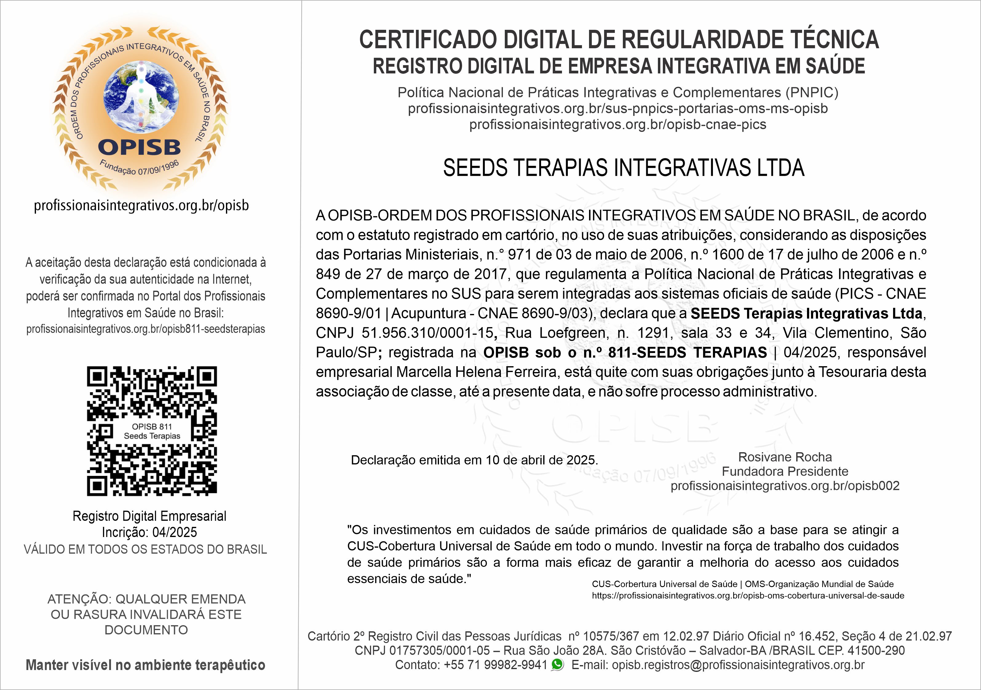 OPISB 811-Seeds Terapias Certificado Digital de Regularidade Técnica