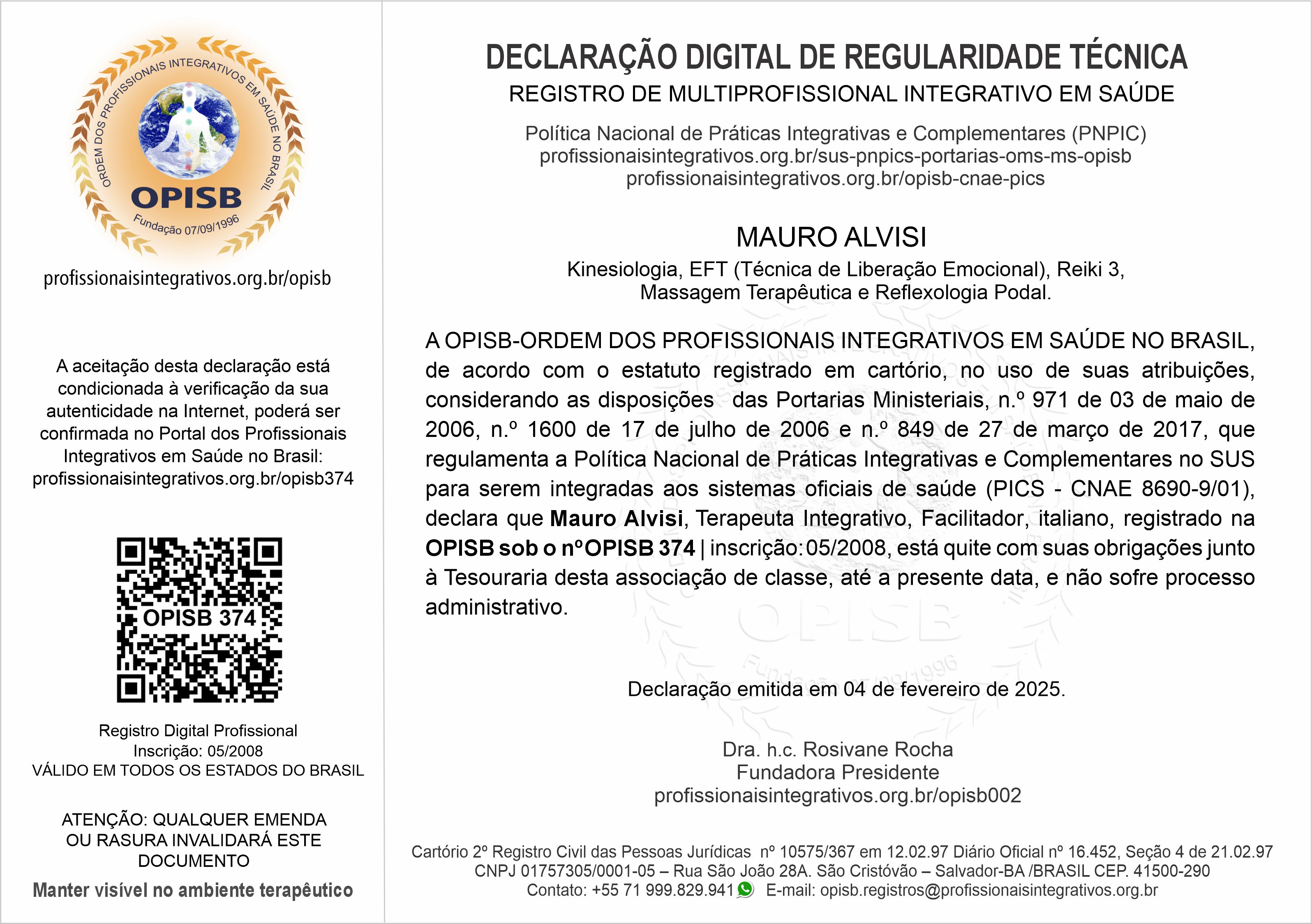 OPISB 374 Mauro Alvisi Declaração Digital de Regularidade Técnica