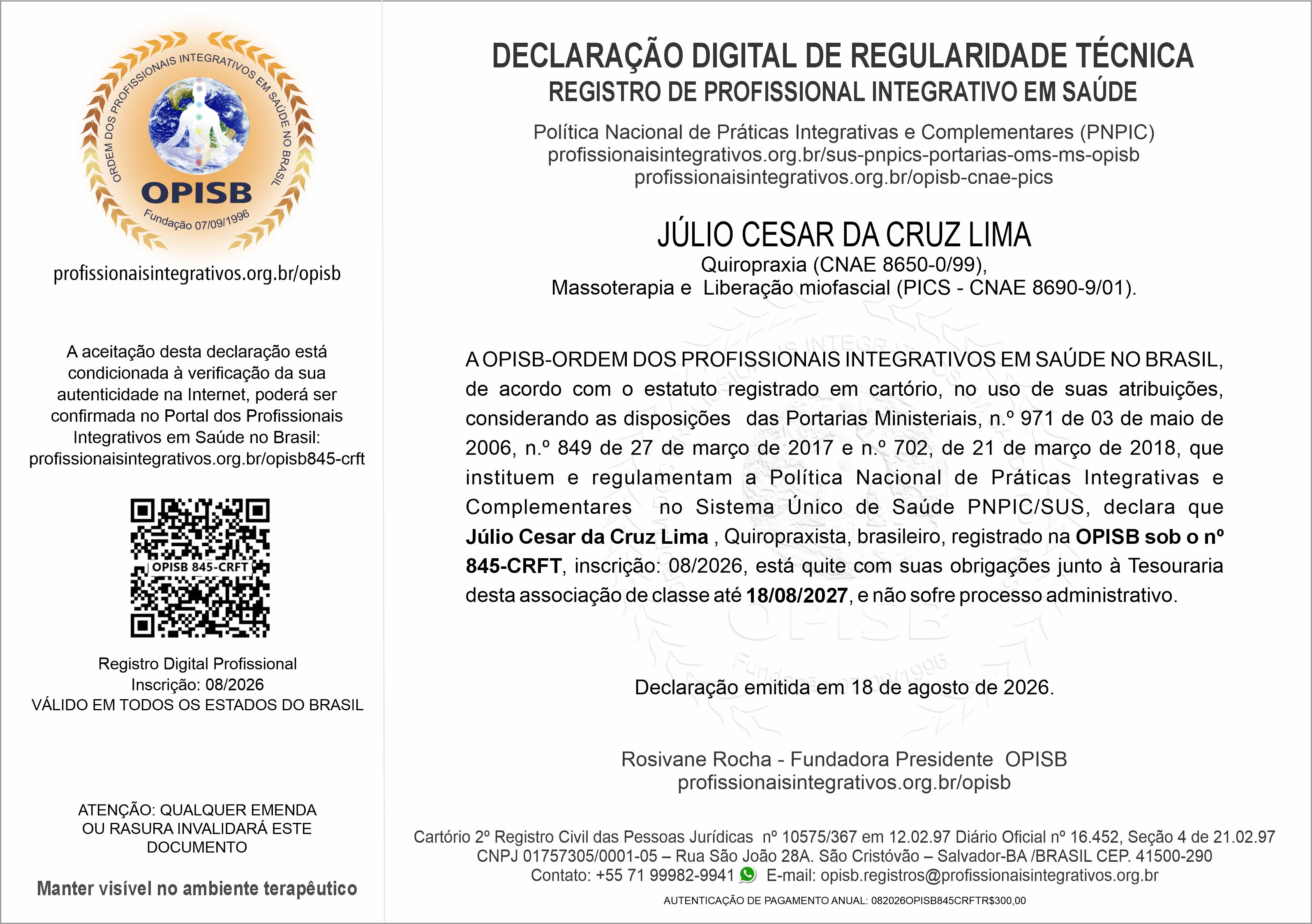 OPISB 845-CRFT Declaração Digital de Regularidade Técnica