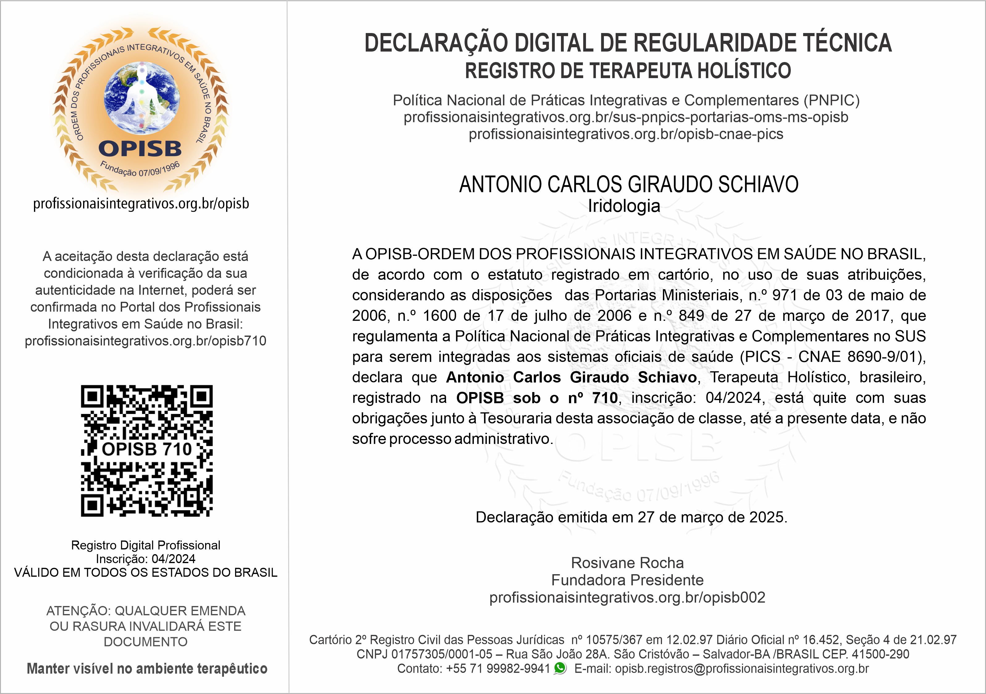 OPISB 710 Antonio Carlos Schiavo Declaração Digital de Regularidade Técnica