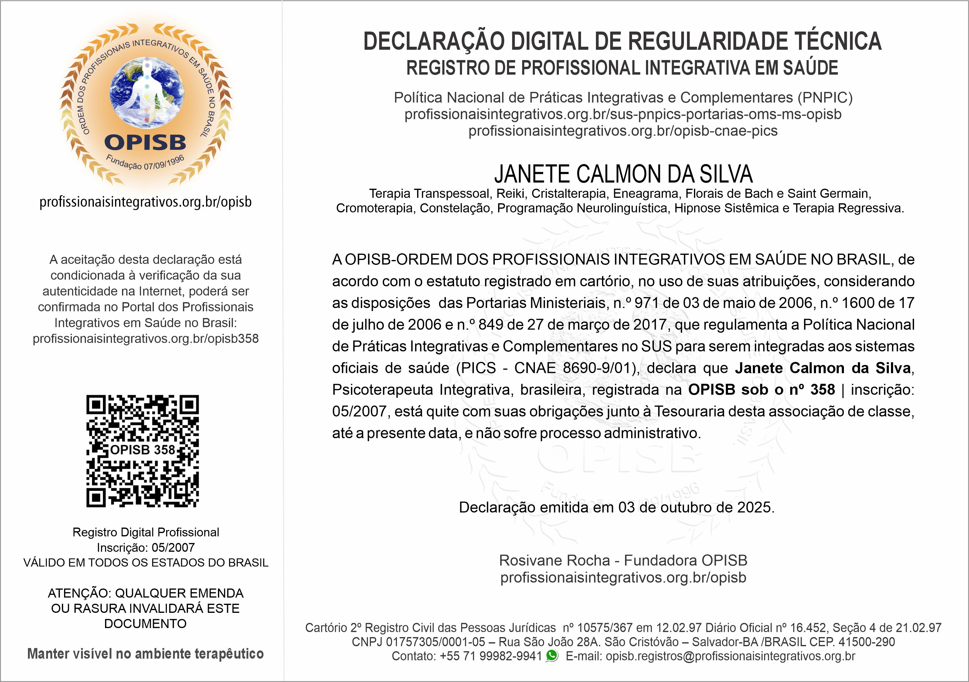 OPISB 358 Janete Calmon  Declaração Digital de Regularidade Técnica
