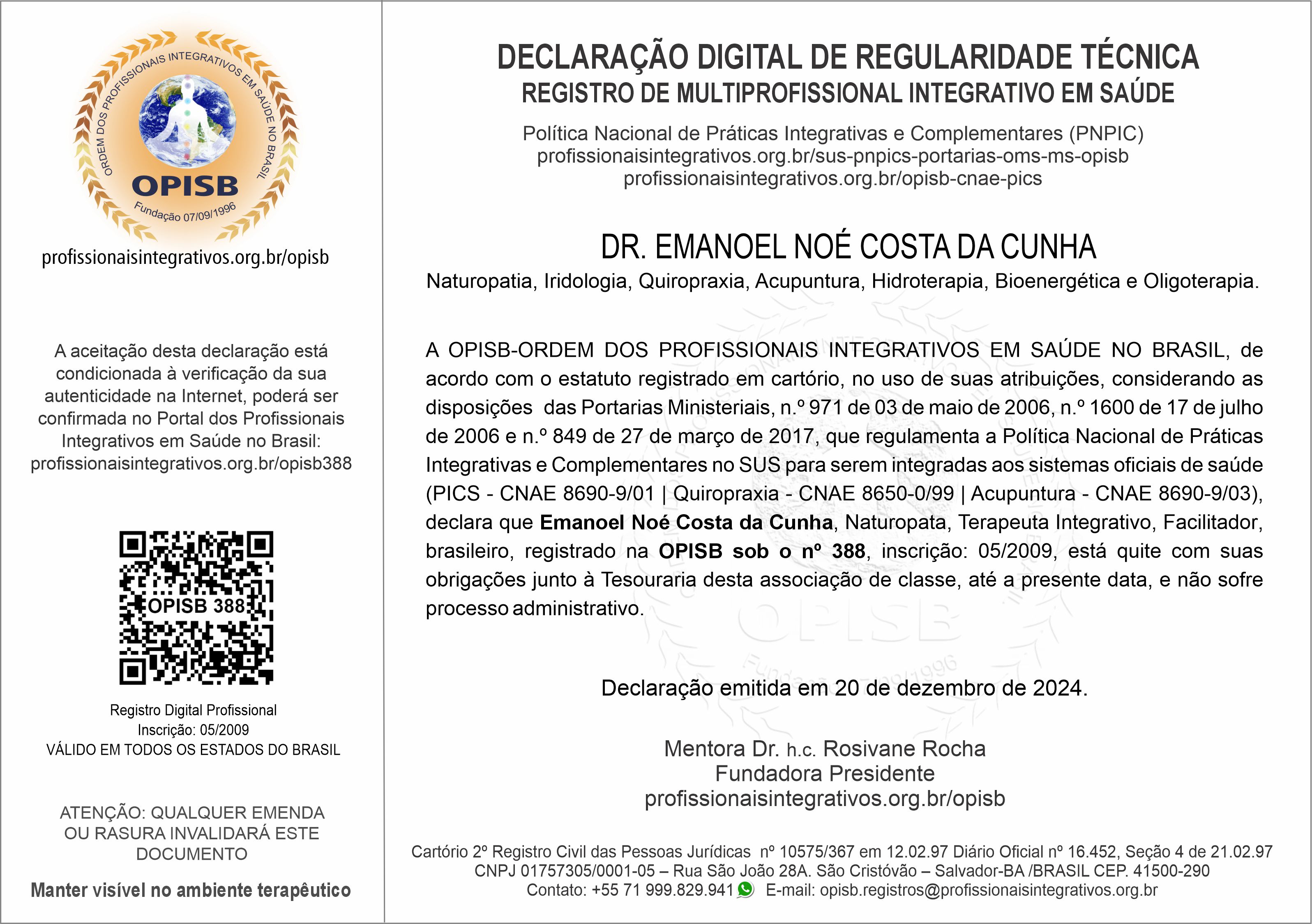 OPISB 388 Dr. Emanoel Noé da Cunha Declaração Digital de Regularidade Técnica
