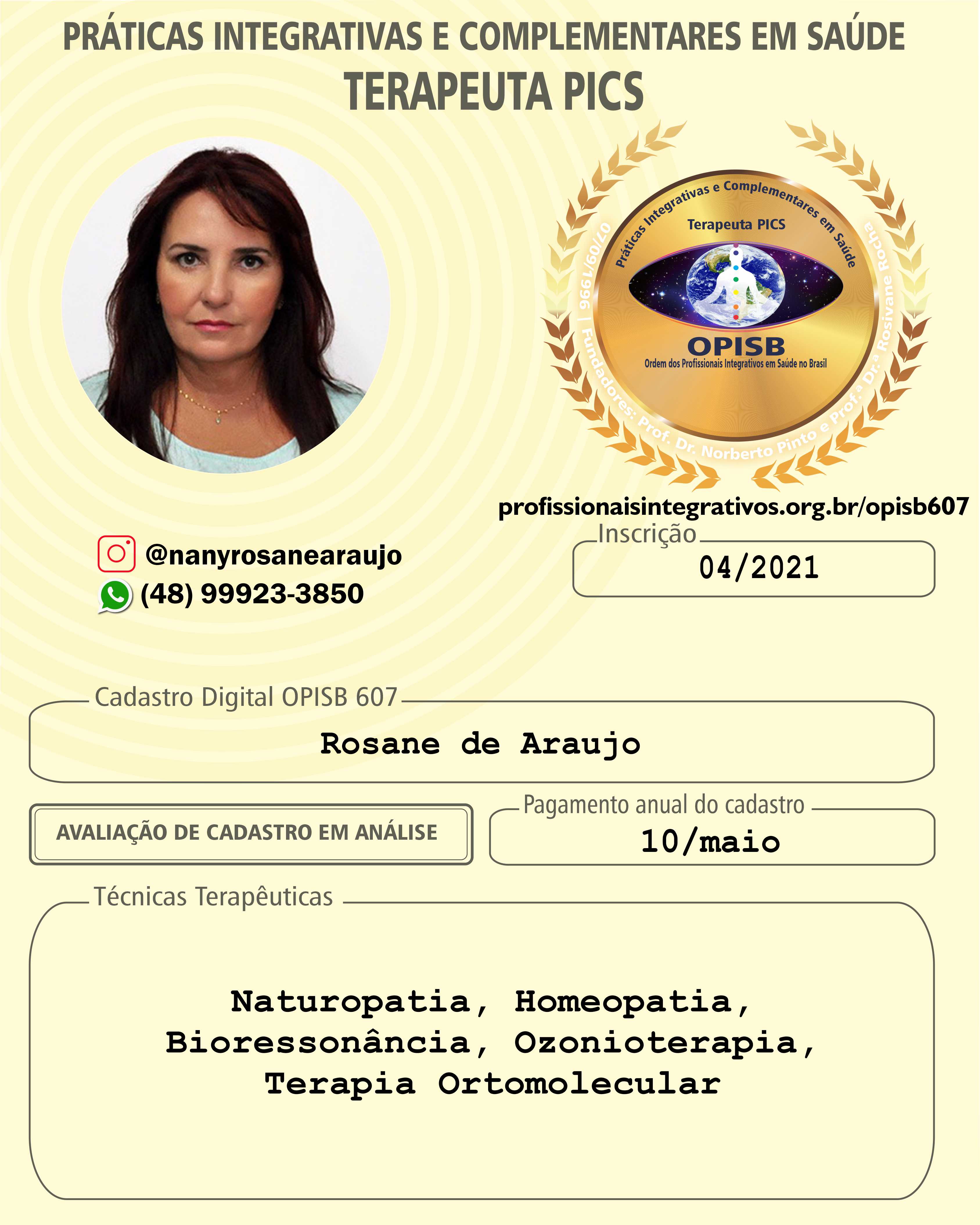 OPISB 607 ROSANE DE ARAUJO CARTÃO DE DIVULGAÇÃO TERAPEUTA PICS