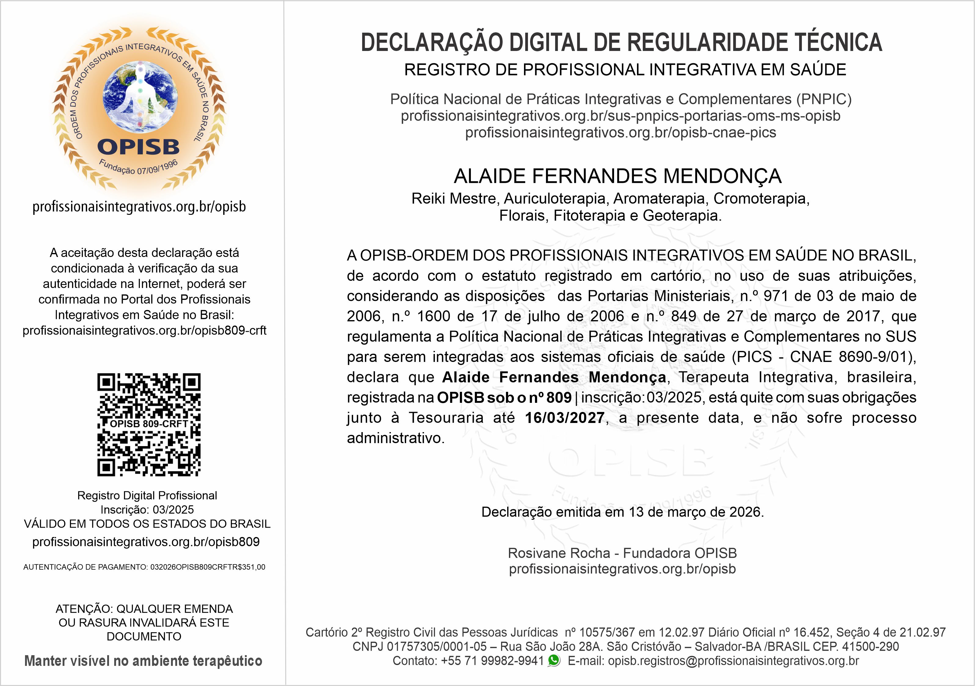 OPISB 809 Alaide Fernandes Mendonça Declaração Digital de Regularidade Técnica