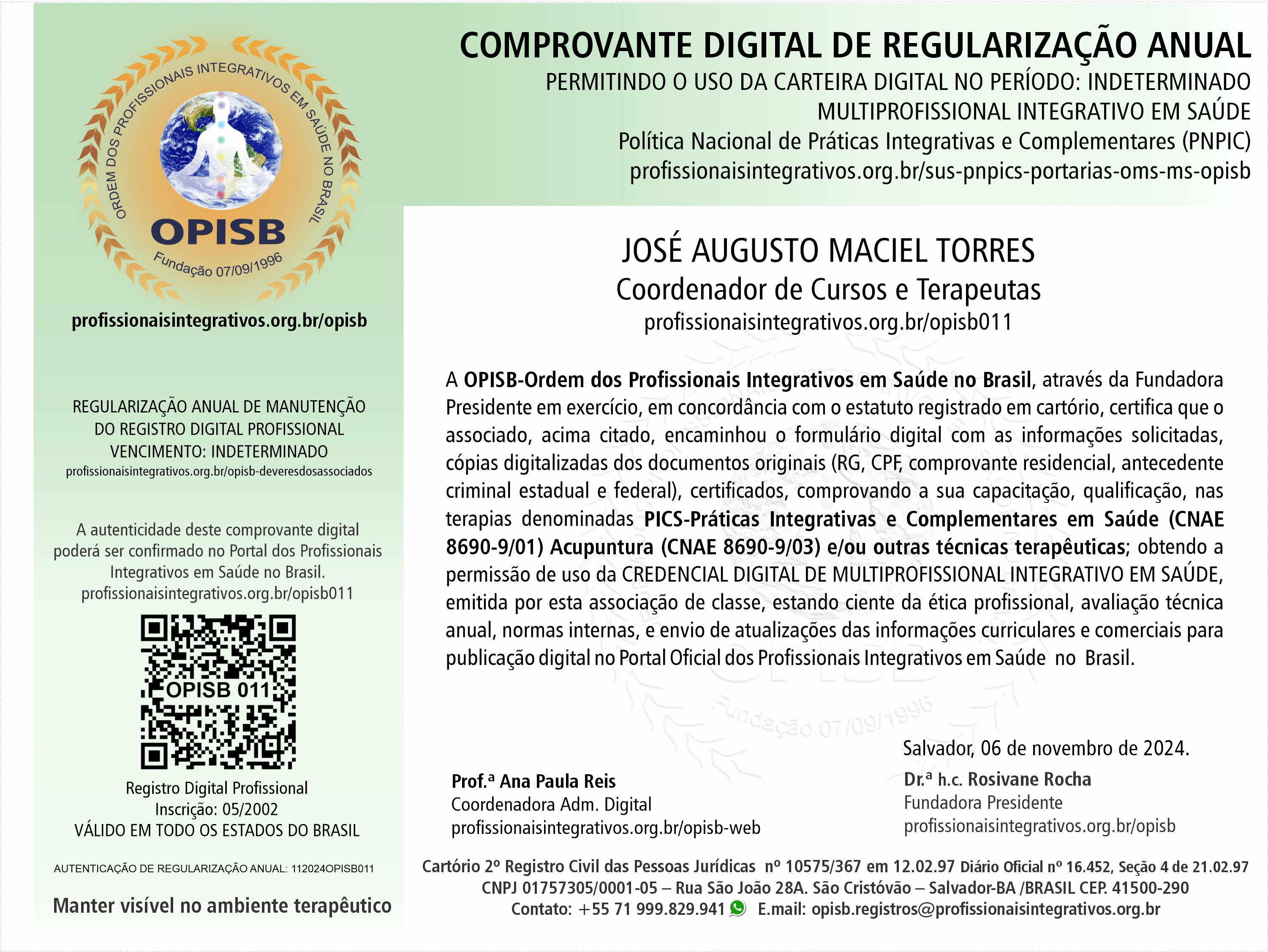 OPISB 011 Prof. Dr. José Augusto Maciel Torres Comprovante Digital de Regularização Anual
