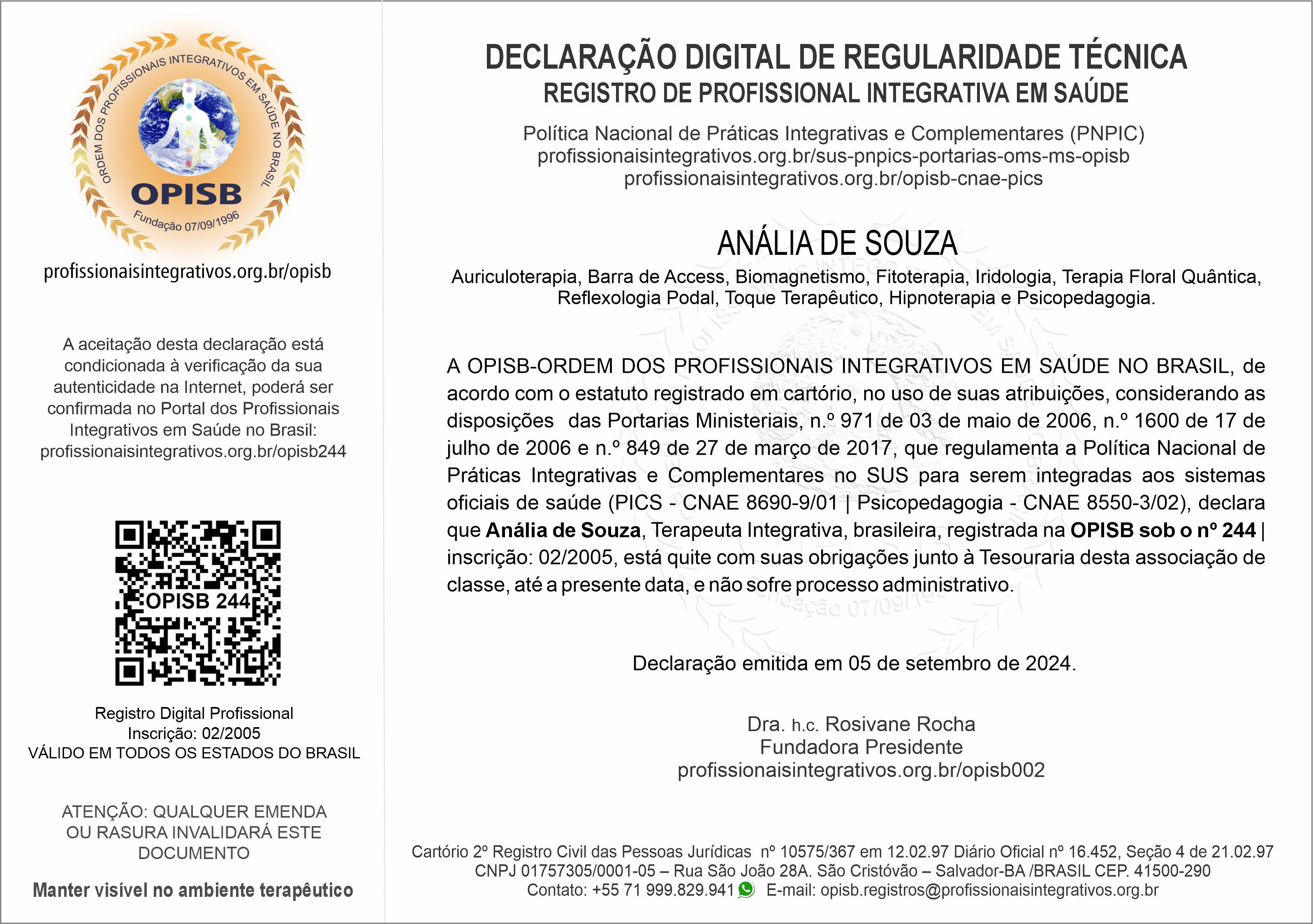 OPISB 244  Irmã Anália de Souza Declaração Digital de Regularidade Técnica