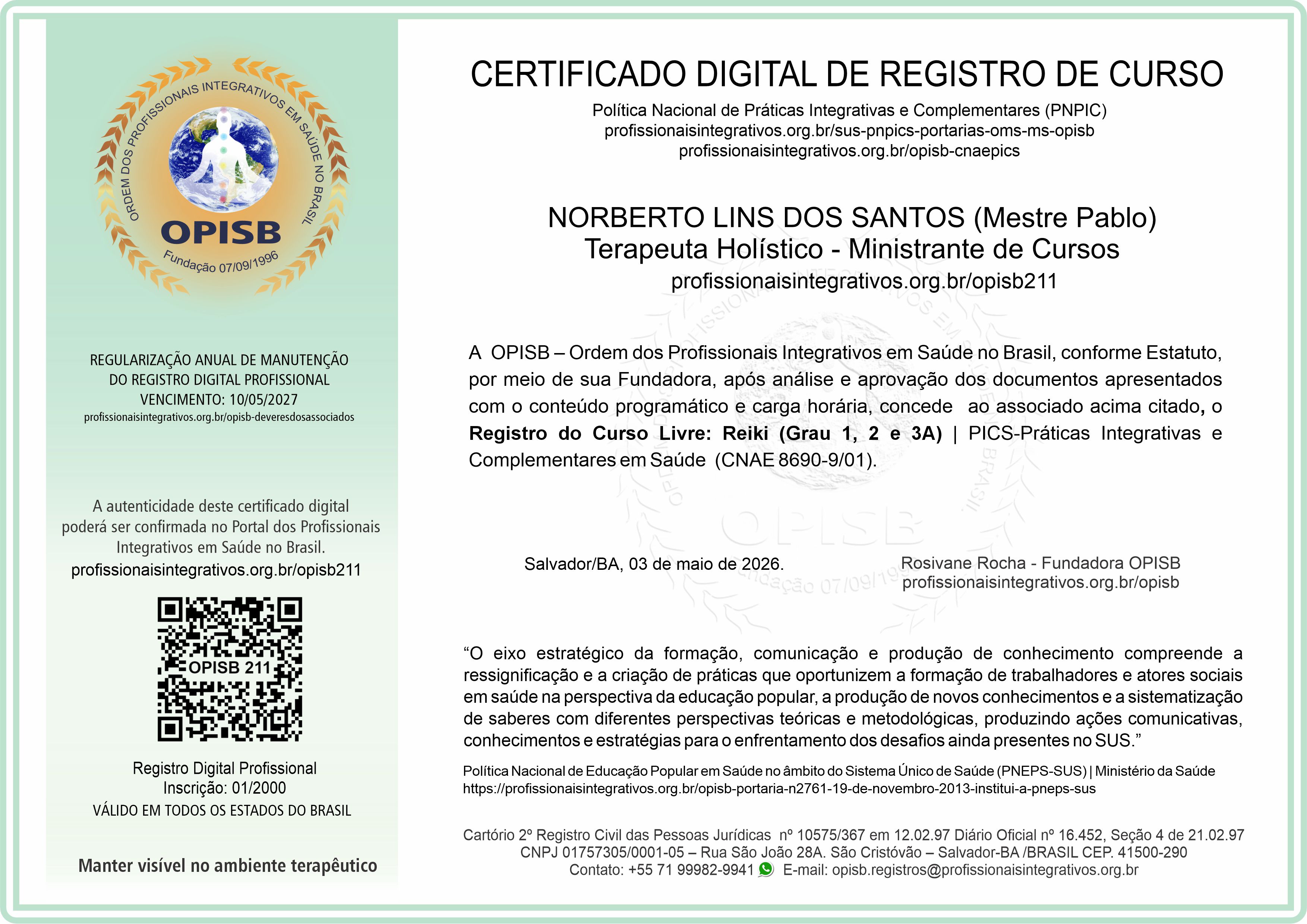 OPISB 211 Norberto Lins dos Santos Certificado de Registro de Cursos