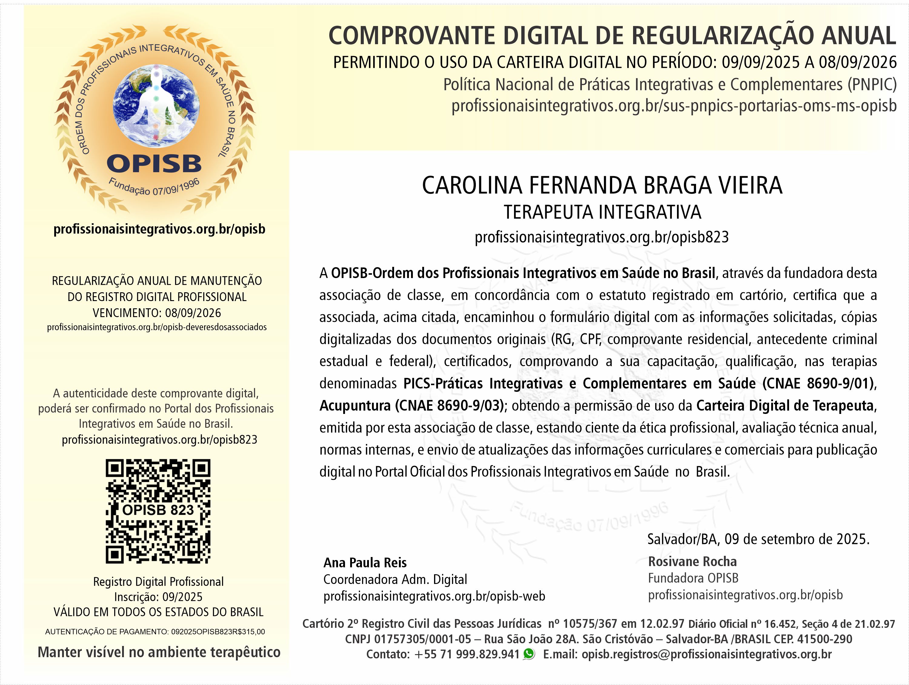 OPISB 823 Carolina Braga  Comprovante Digital de Regularização Anual