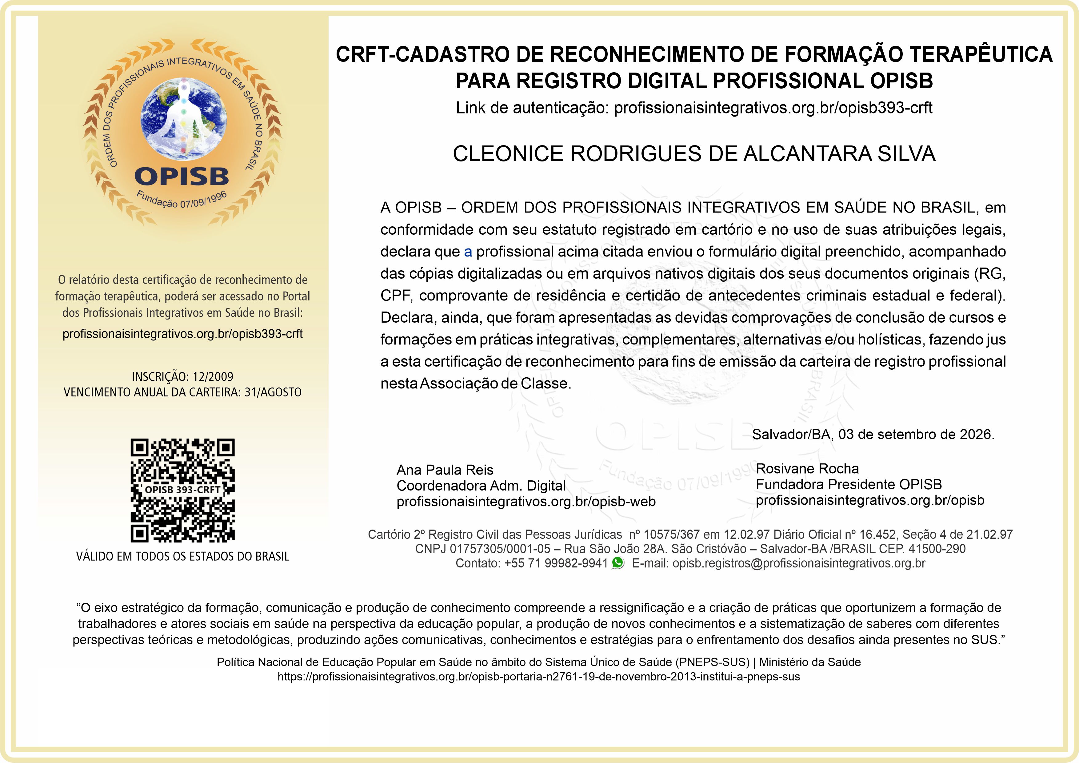 OPISB 393-CRFT Cadastro de Reconhecimento de Formação Terapêutica