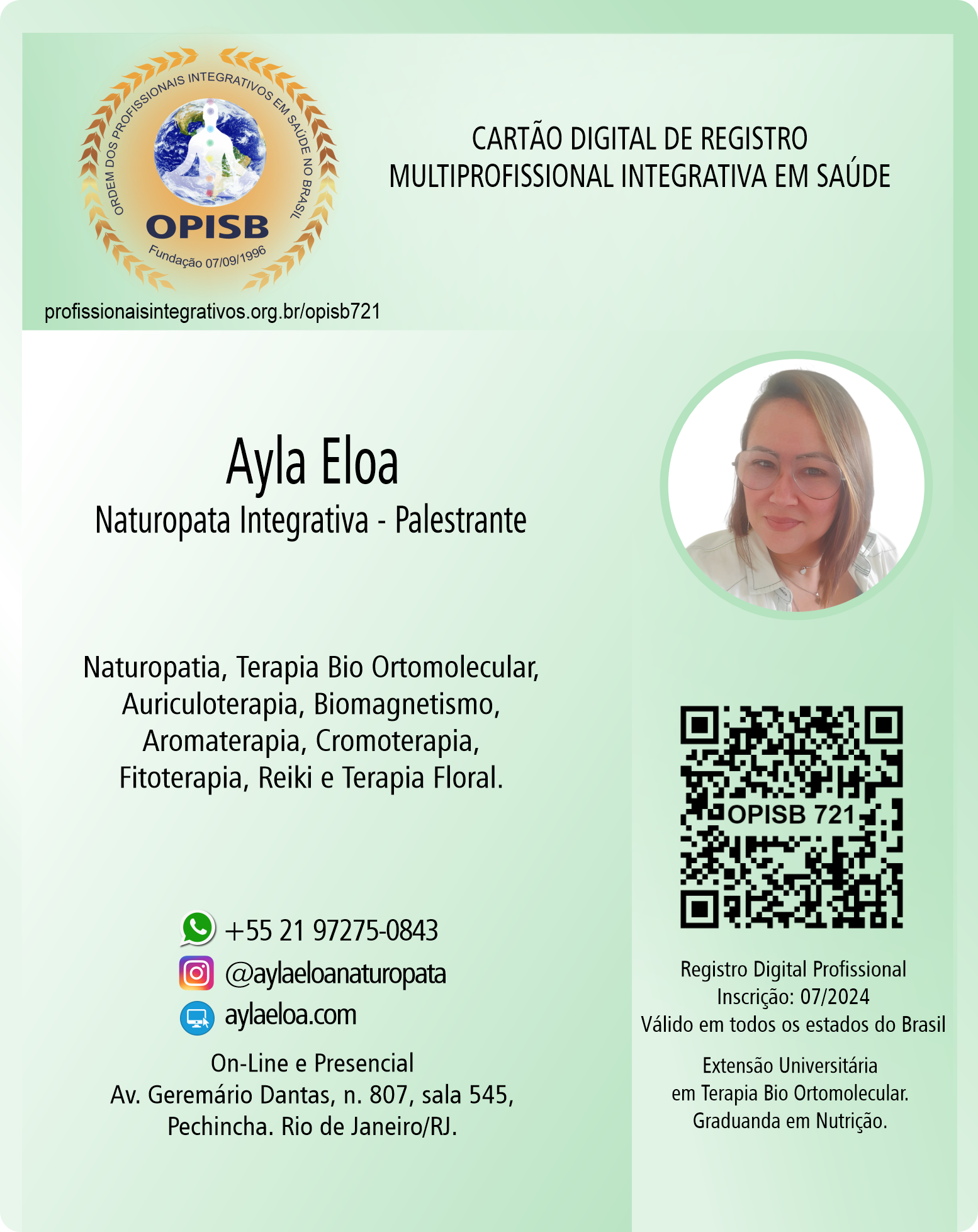  OPISB 721 Ayla Eloa Cartão Digital de Registro | Naturopata Integrativa | Registro de Terapeuta Integrativa | instagram @aylaeloanaturopata | site comercial aylaeloa.com | Rio de Janeiro