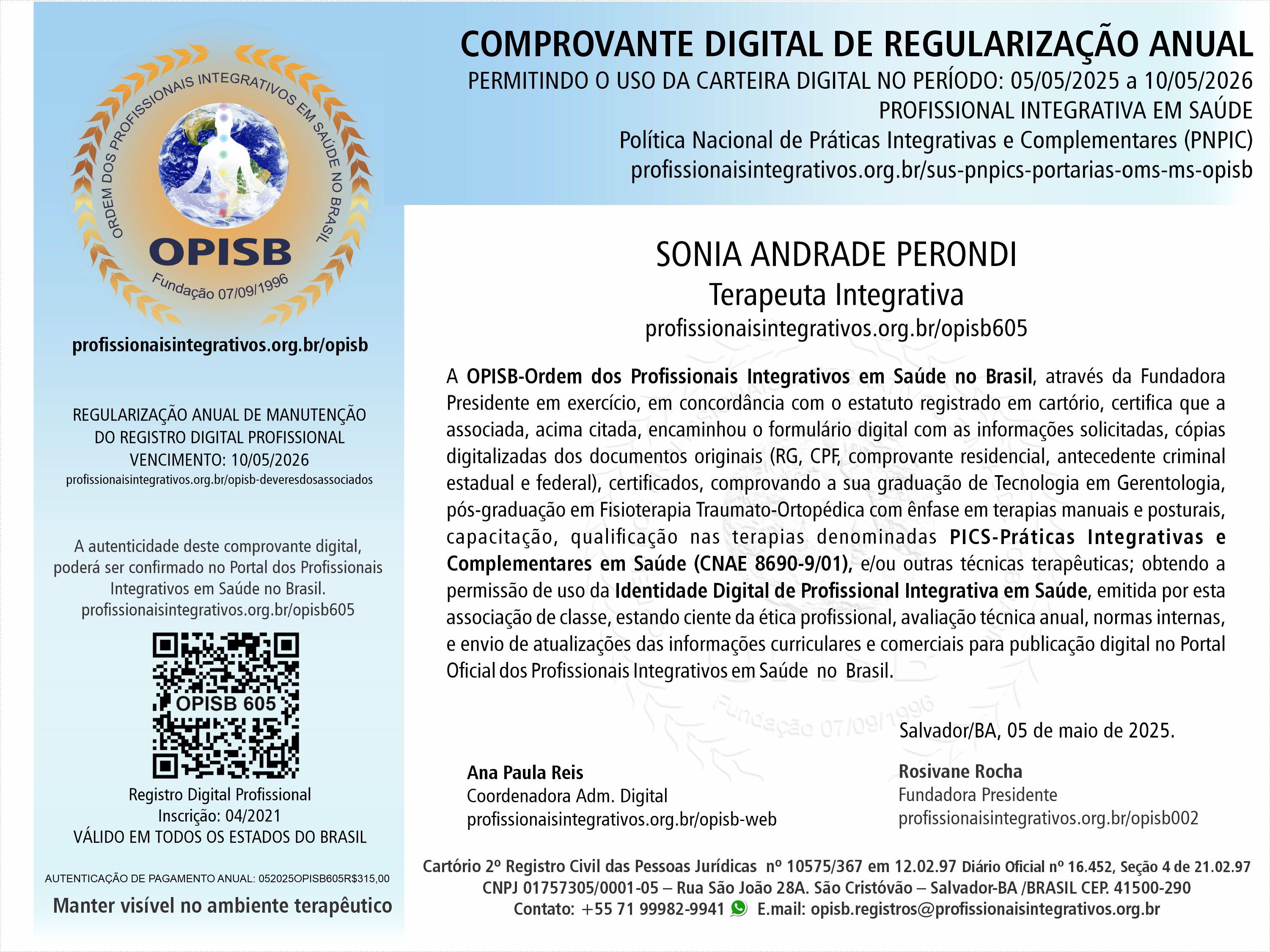 OPISB 605 Sonia Andrade Perondi Comprovante Digital de Regularização Anual