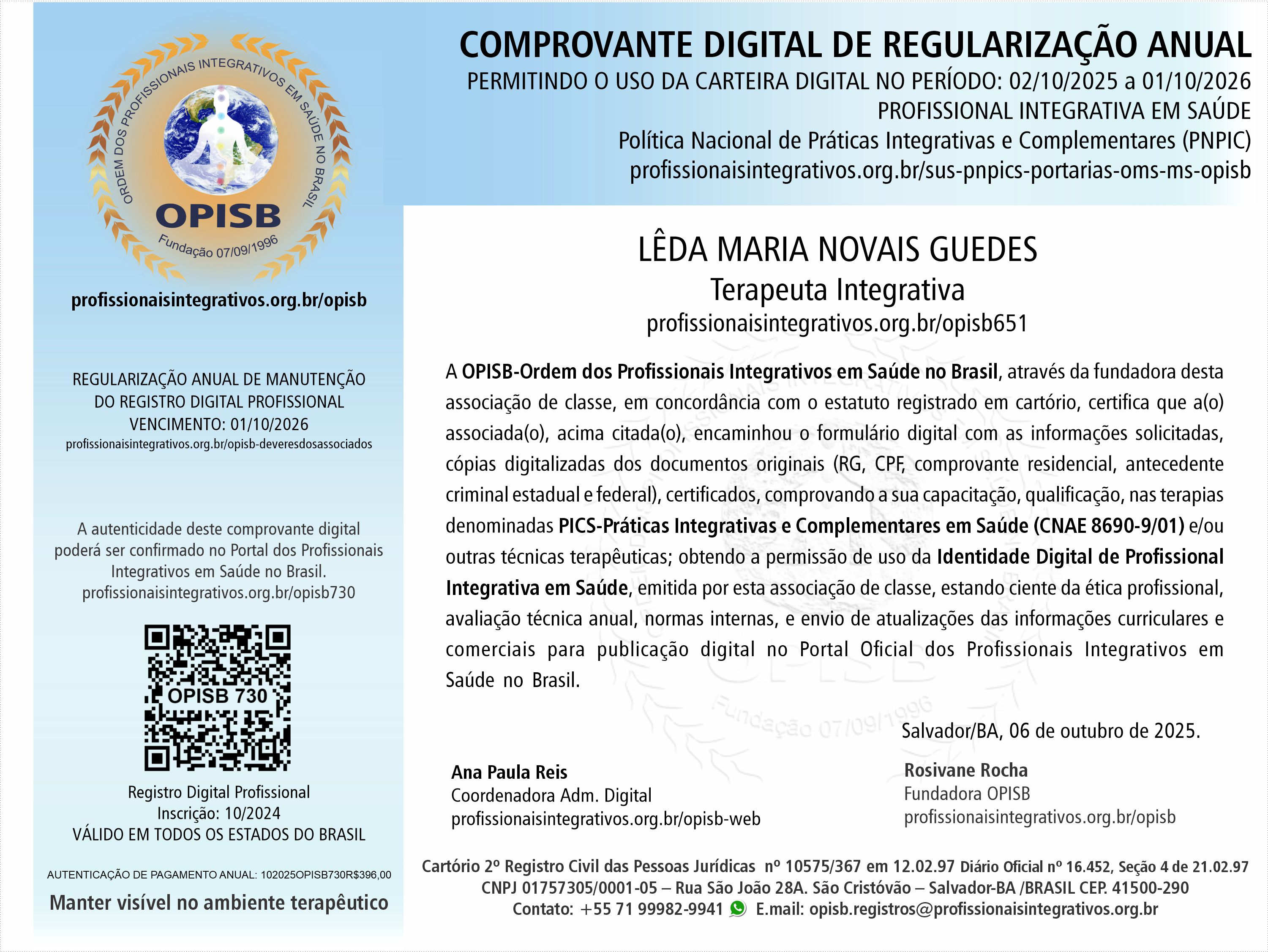 OPISB 730 Lêda Guedes  Comprovante Digital de Regularização Anual