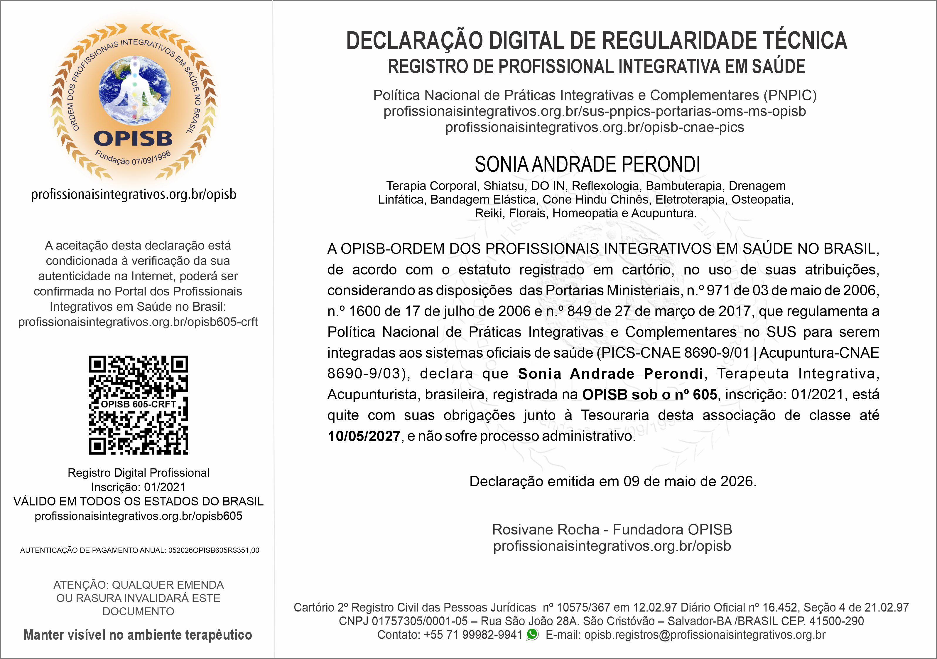 OPISB 605 Sonia Andrade Perondi  Declaração Digital de Regularidade Técnica