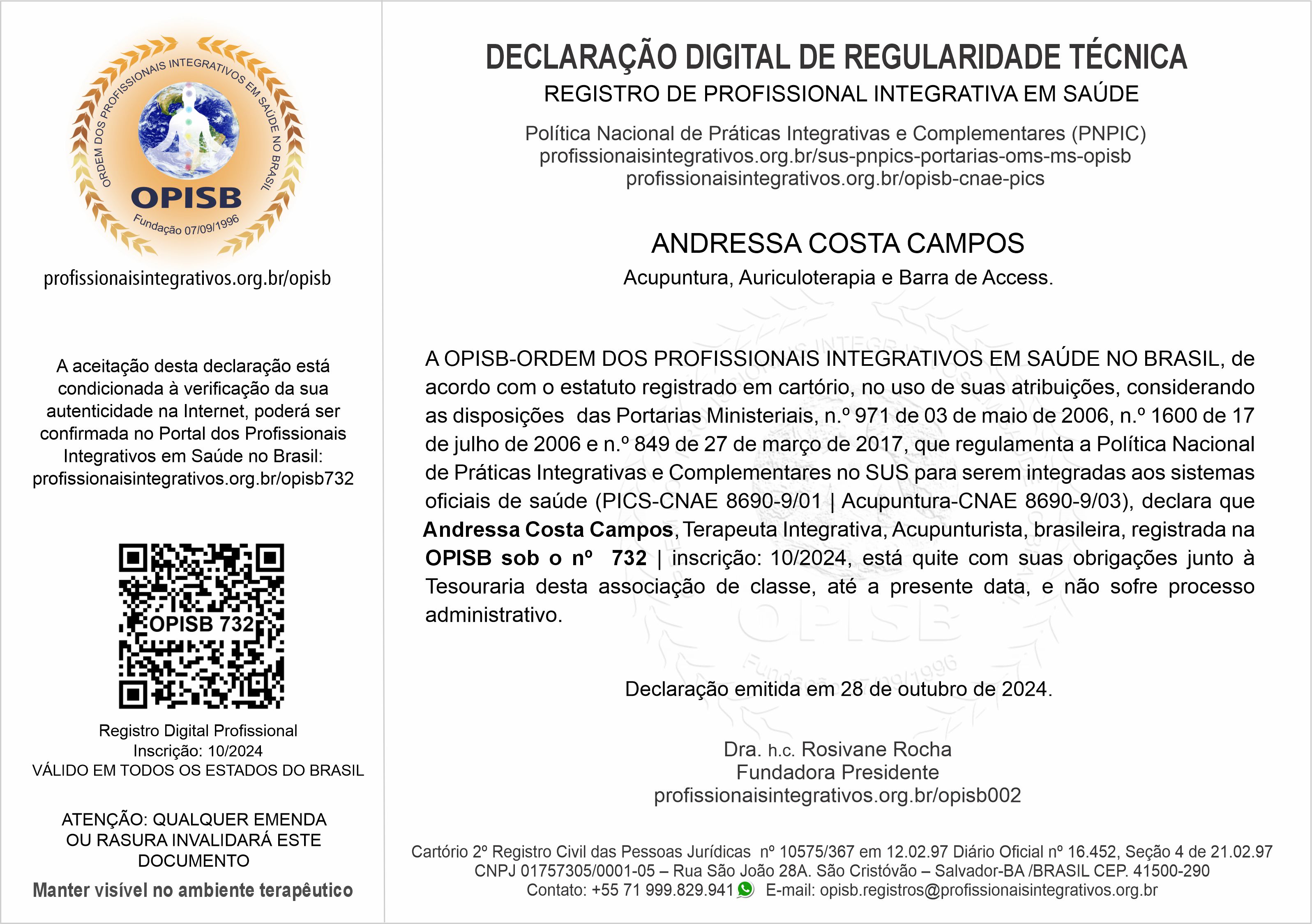 OPISB 732 Andressa Campos Declaração Digital de Regularidade Técnica
