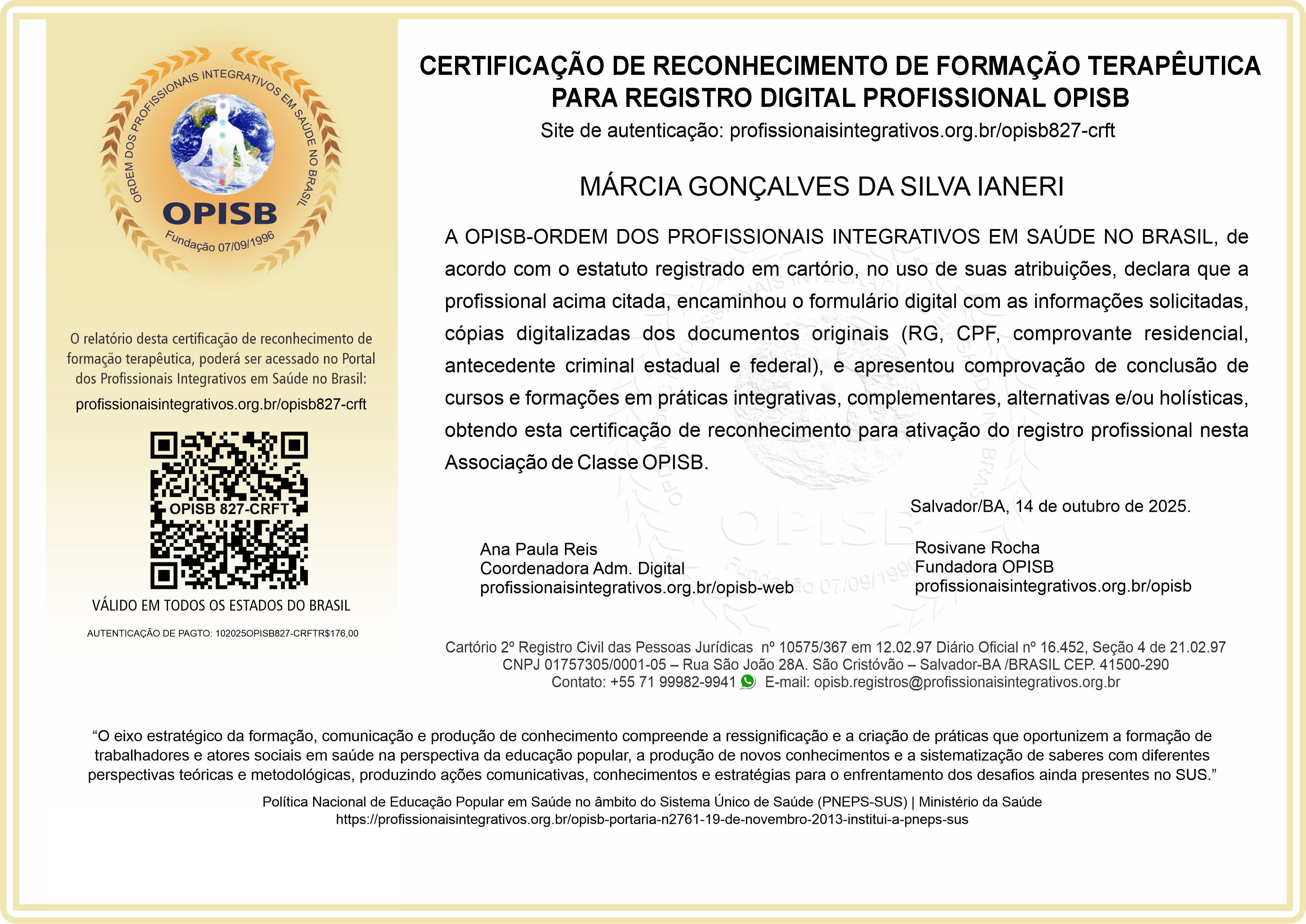 OPISB 827-CRFT Certificação de Reconhecimento de Formação Terapêutica