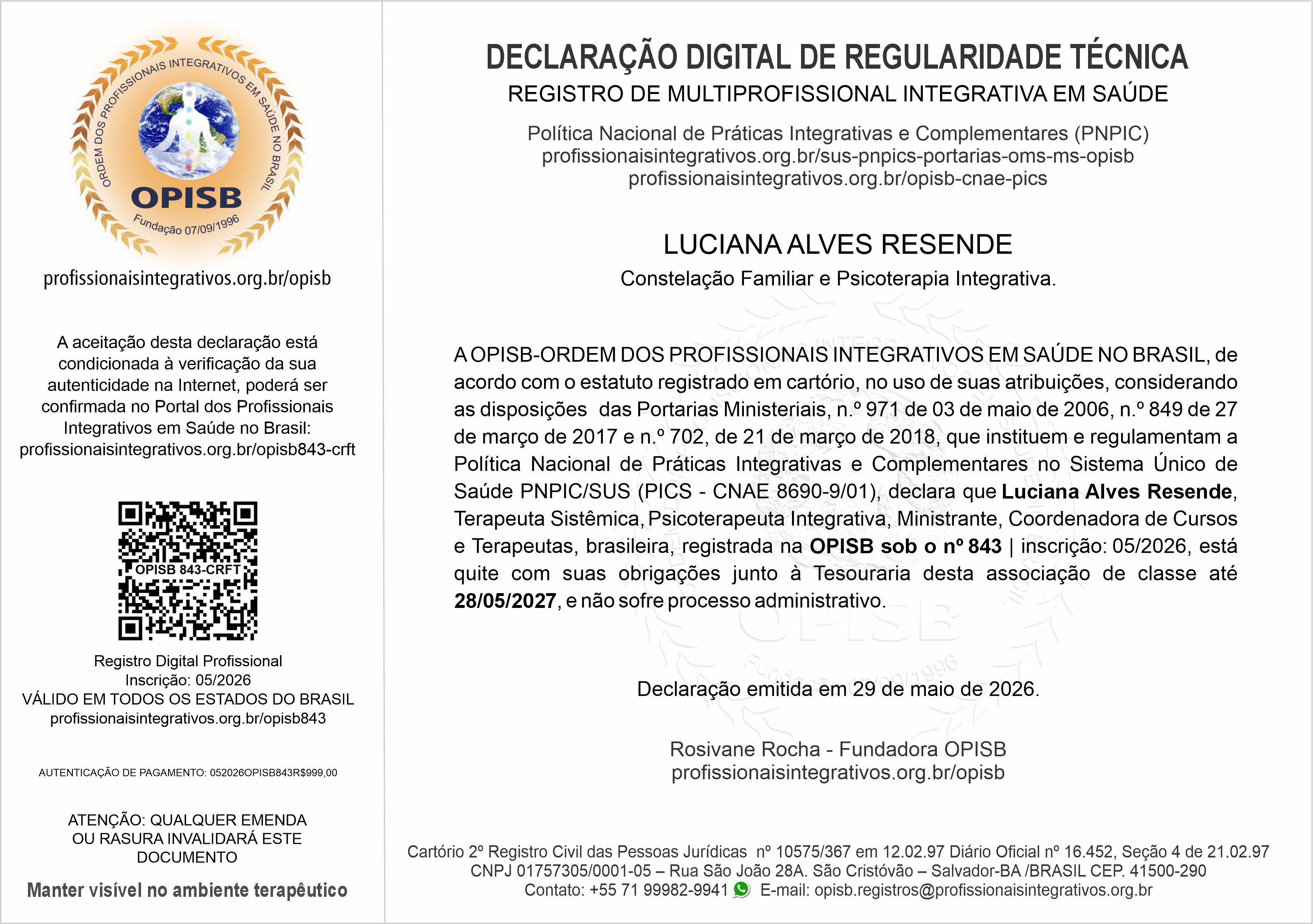 OPISB 843 Declaração Digital de Regularidade Técnica