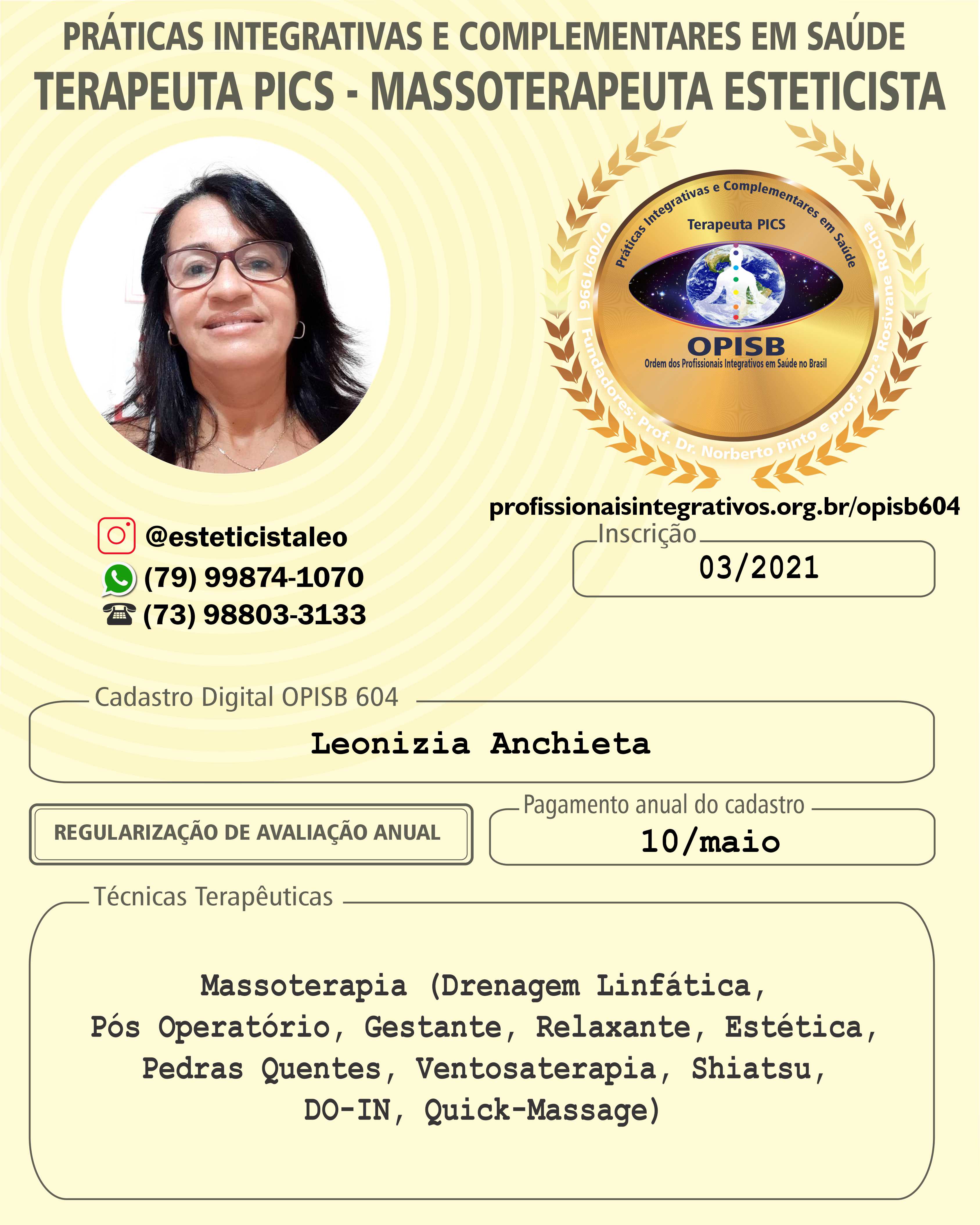 OPISB 604 LEONIZIA ANCHIETA CARTÃO DE DIVULGAÇÃO TERAPEUTA PICS
