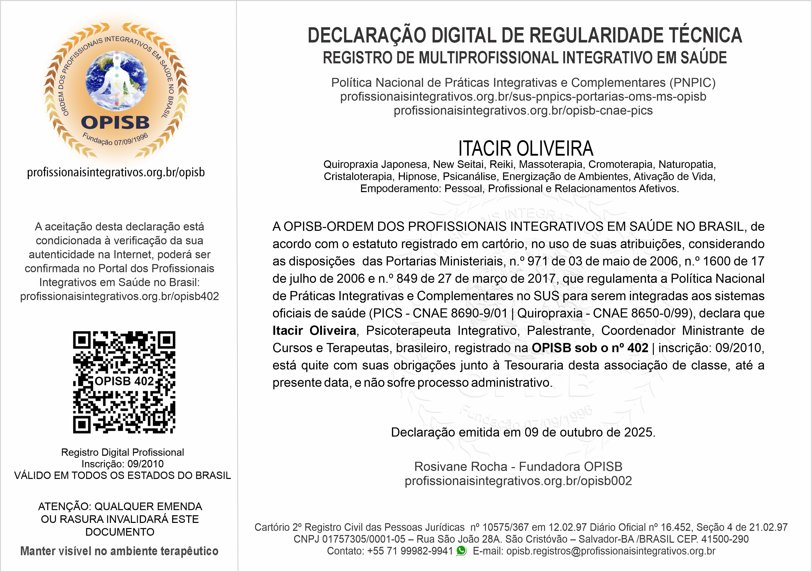 OPISB 402 Prof. PhD. Itacir Oliveira Declaração Digital de Regularidade Técnica