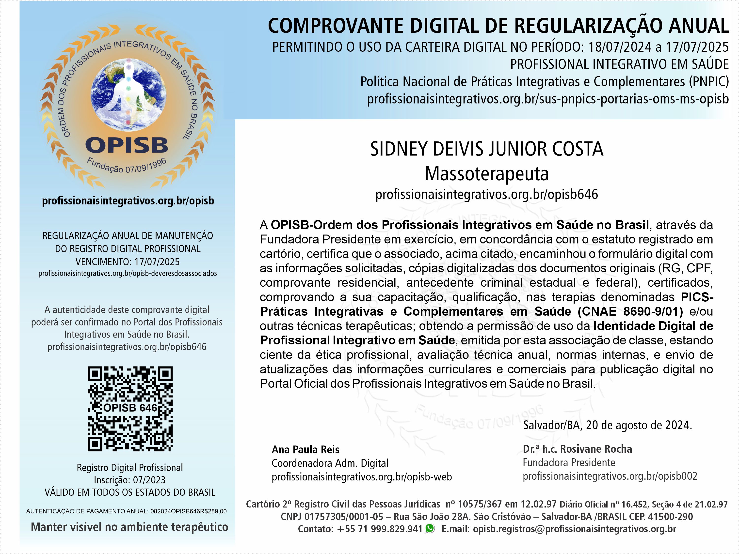 OPISB 646 Sidney Junior Comprovante Digital de Regularização Anual