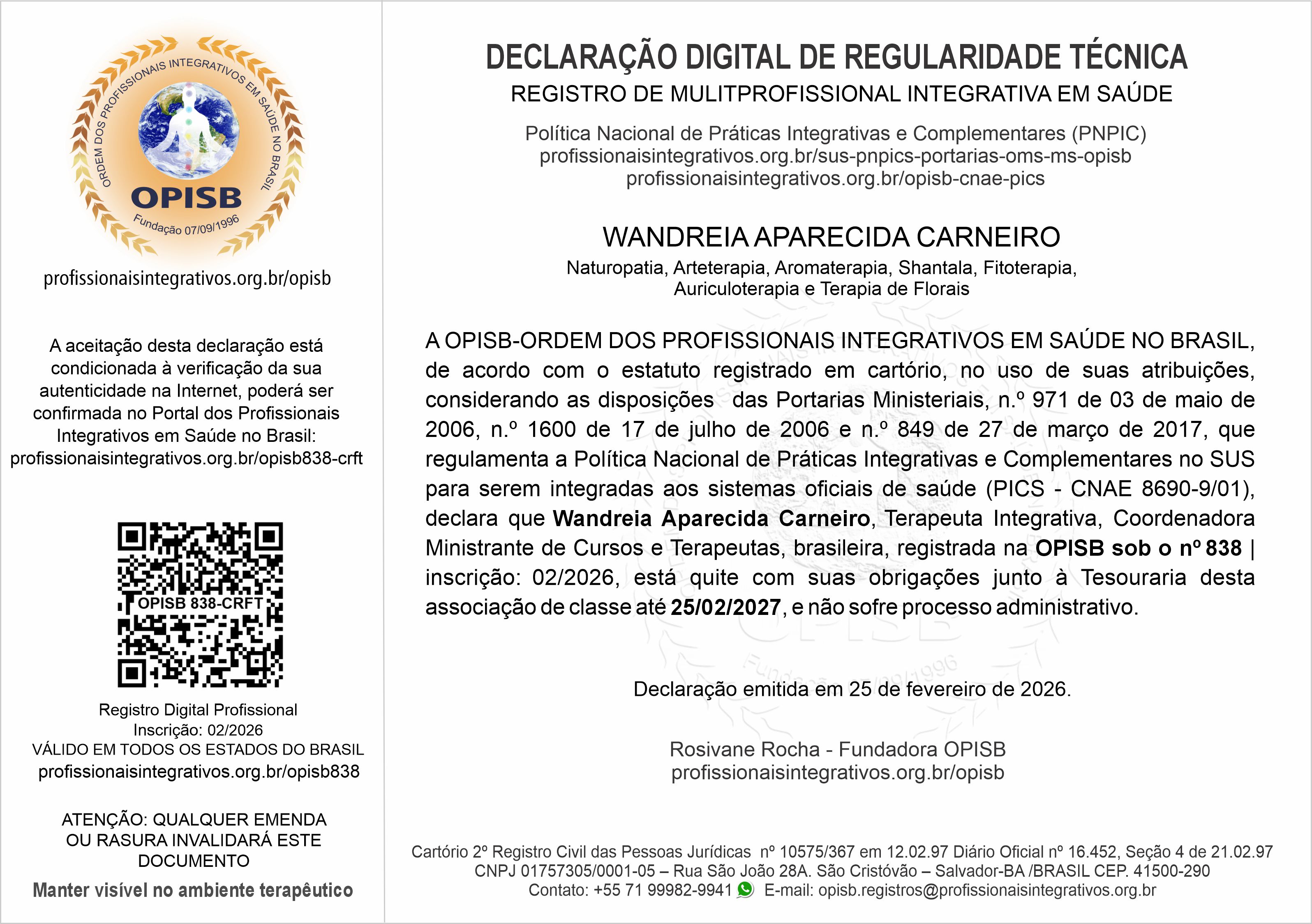 OPISB 838 Declaração Digital de Regularidade Técnica