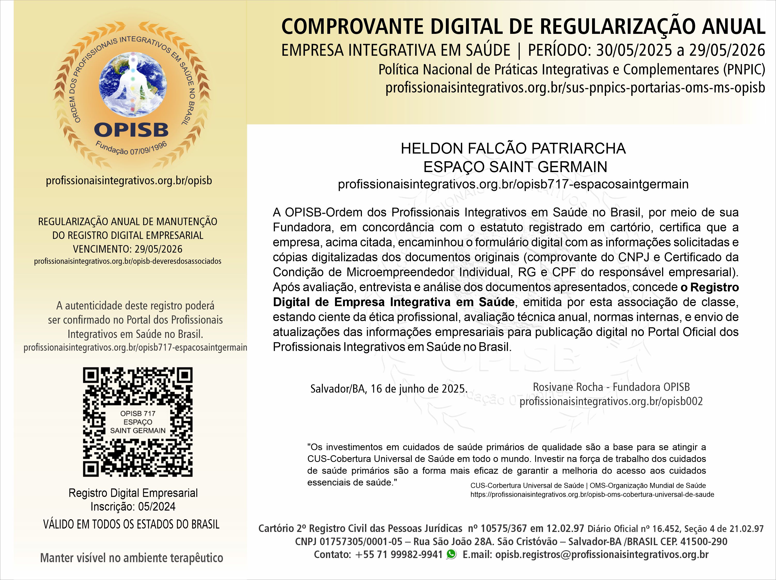 OPISB 717-Espaço Saint Germain Comprovante Digital de Regularização Anual | Heldon Patriarcha