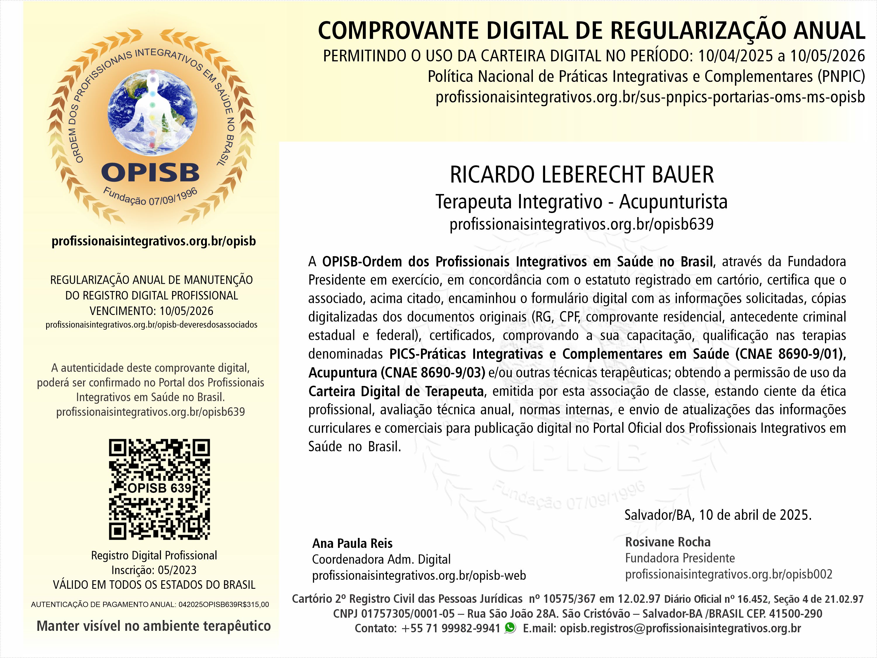 OPISB 639 Ricardo Leberecht Bauer Comprovante Digital de Regularização Anual
