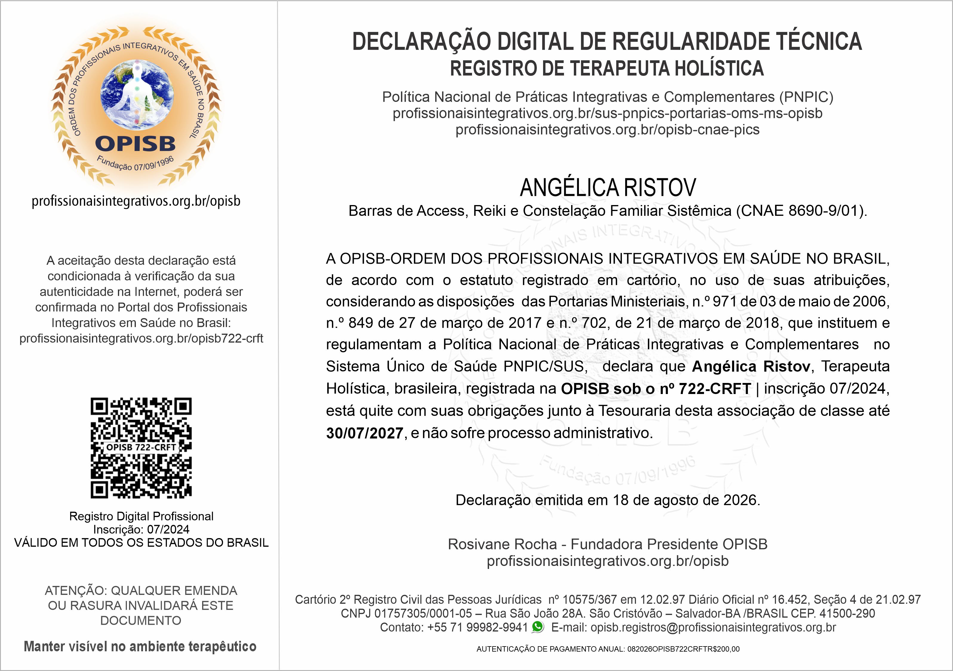 OPISB 722 Declaração Digital de Regularidade Técnica