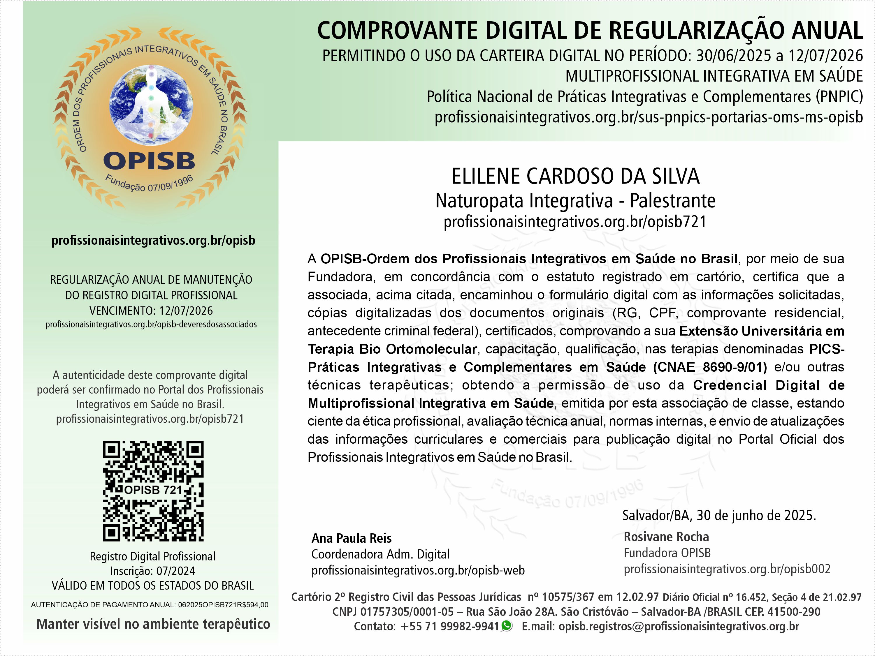 OPISB 721 Ayla Eloa - Elilene Cardoso da Silva - Comprovante Digital de Regularização Anual