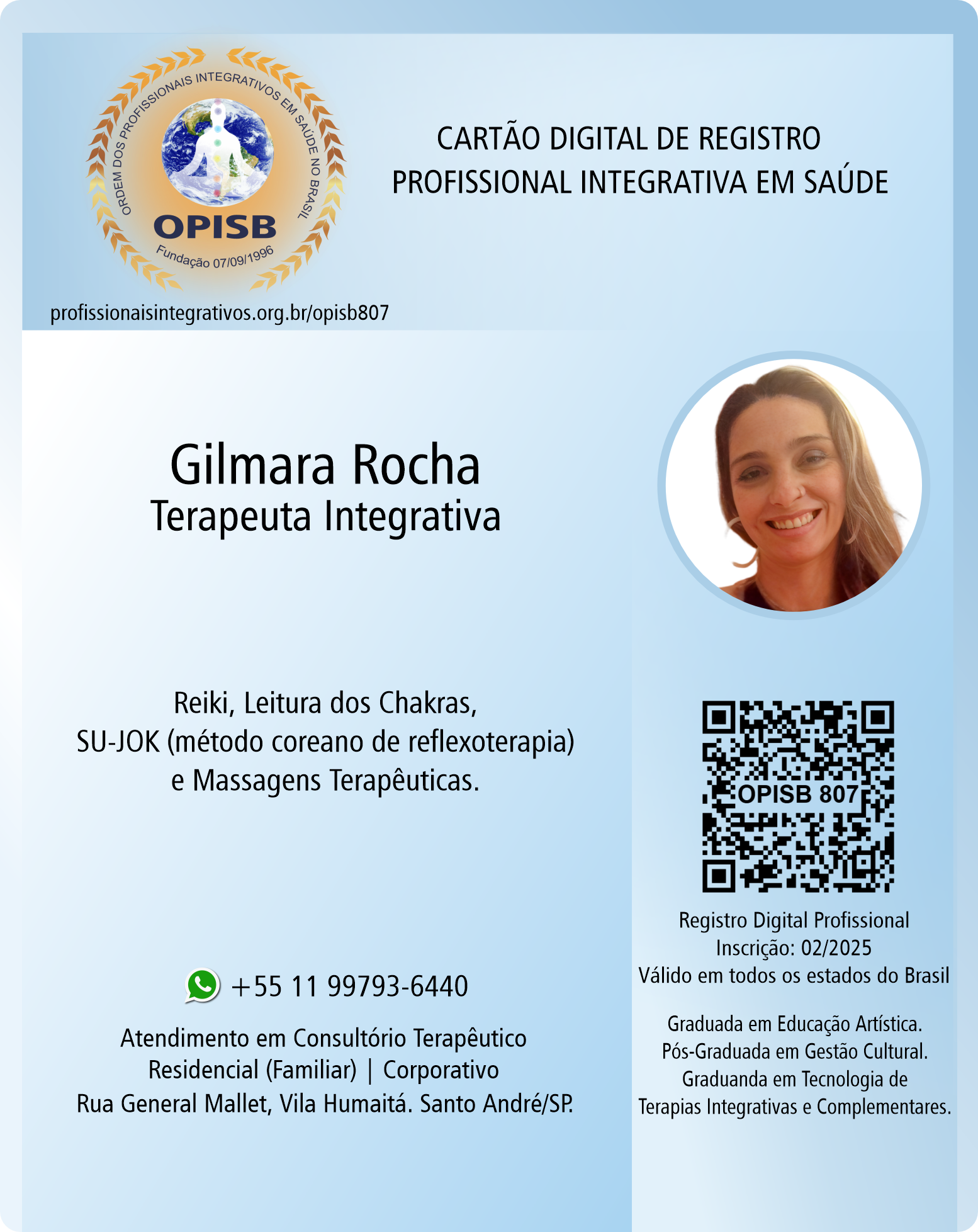 OPISB 807 Gilmara Rocha ( Gilmara Rocha do Amaral ) Profissional Integrativa em Saúde | Registro Profissional de Terapeuta Integrativa | Santo André - São Paulo