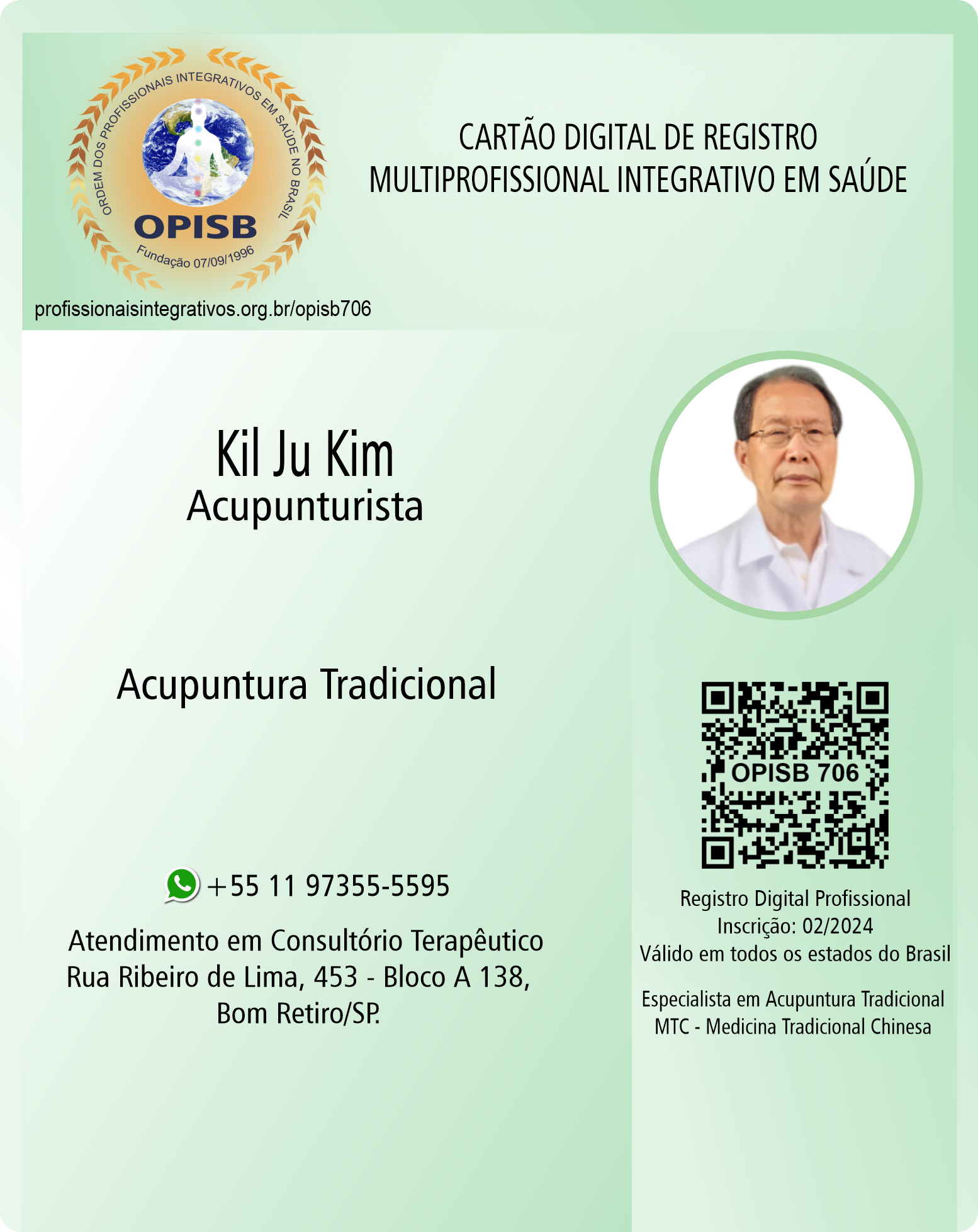 OPISB 706 Kil Ju Kim Acupunturista | Multiprofissional Integrativo em Saúde | Acupuntura - Terapia Integrativa | Bom Retiro - São Paulo