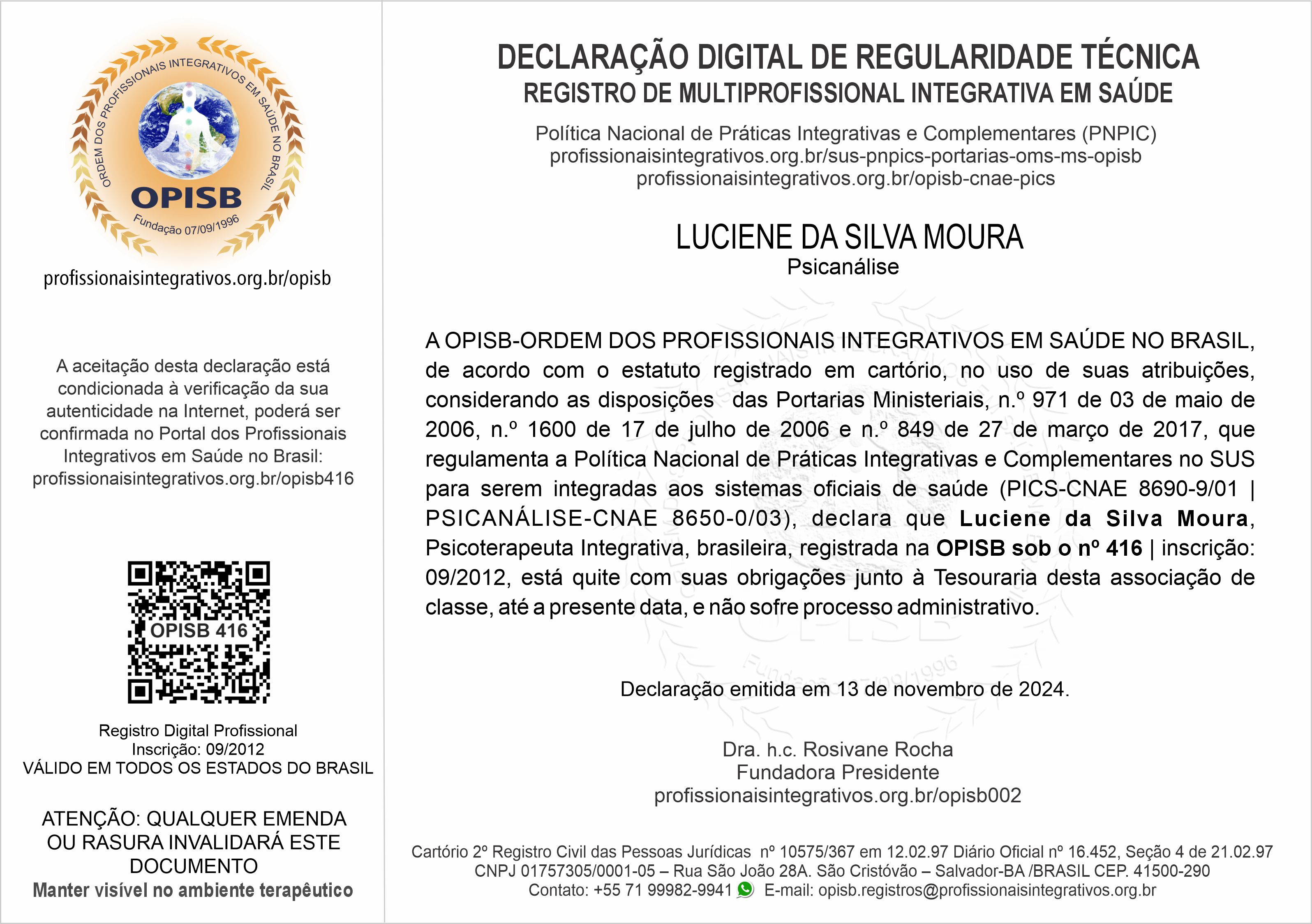 OPISB 416 Luciene Moura Declaração Digital de Regularidade Técnica