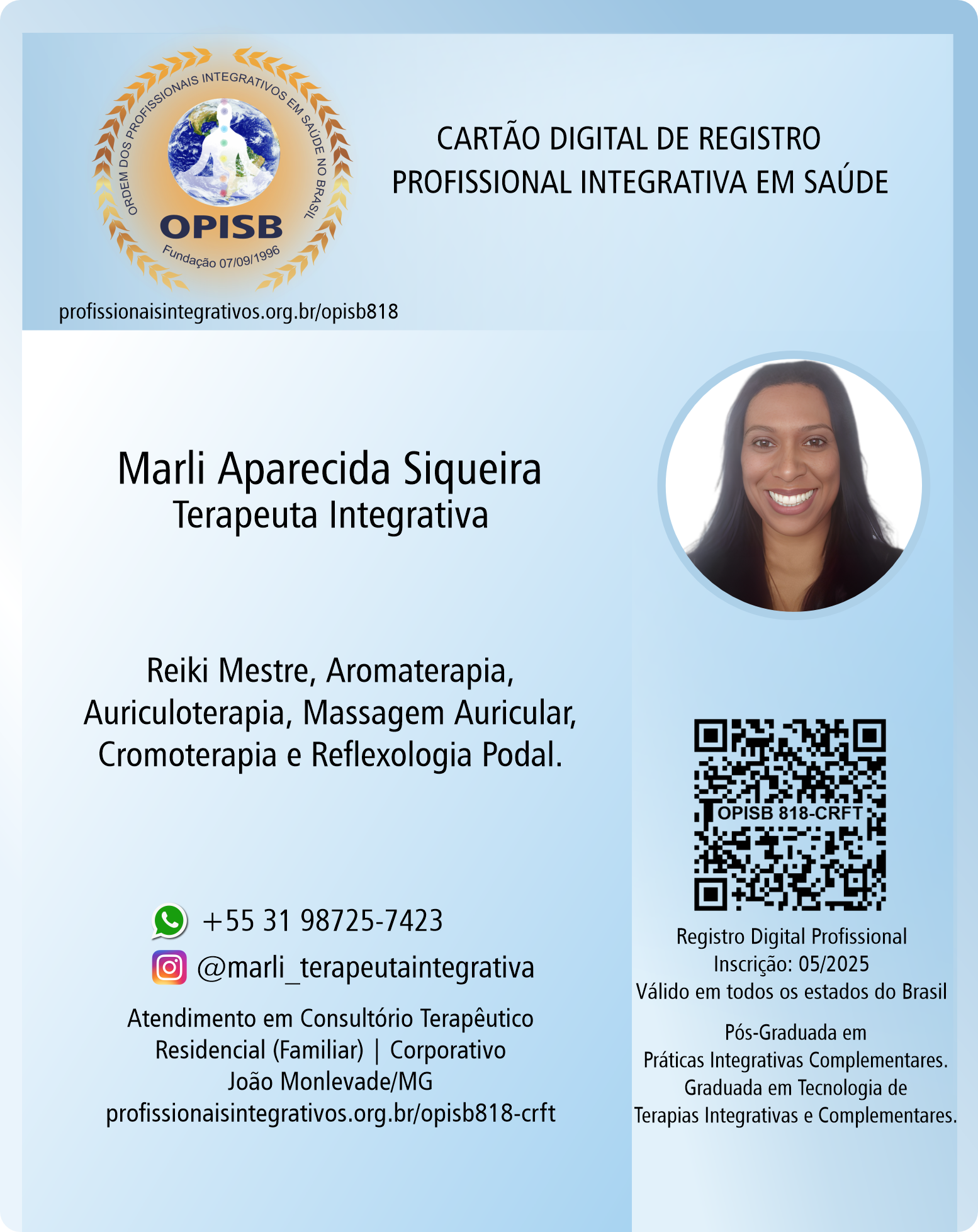 OPISB 818 Marli Aparecida Siqueira Henrique | Registro Profissional - Terapeuta Integrativa |  instagram marli_terapeutaintegrativa 