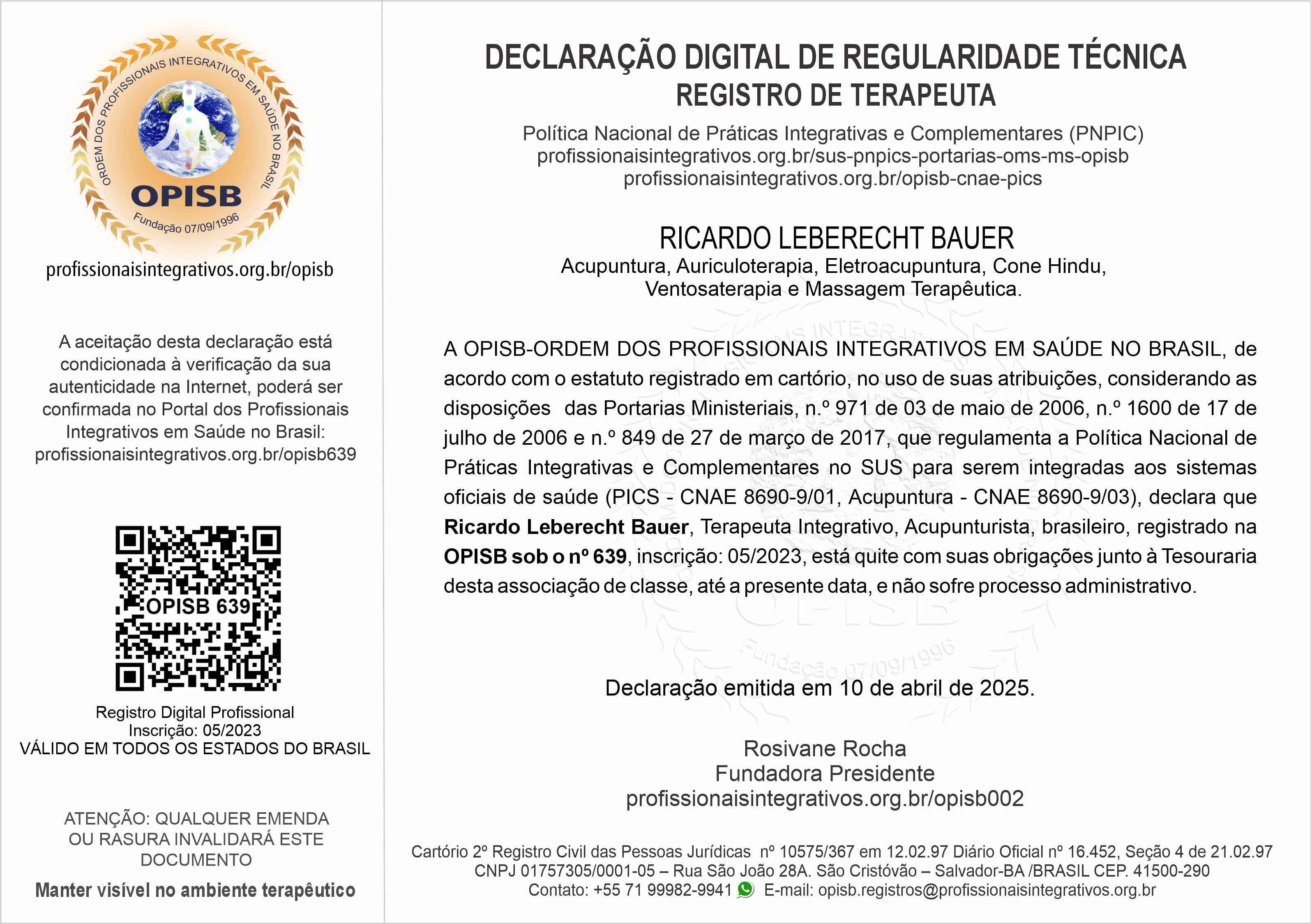OPISB 639 Ricardo Leberecht Bauer  Declaração Digital de Regularidade Técnica