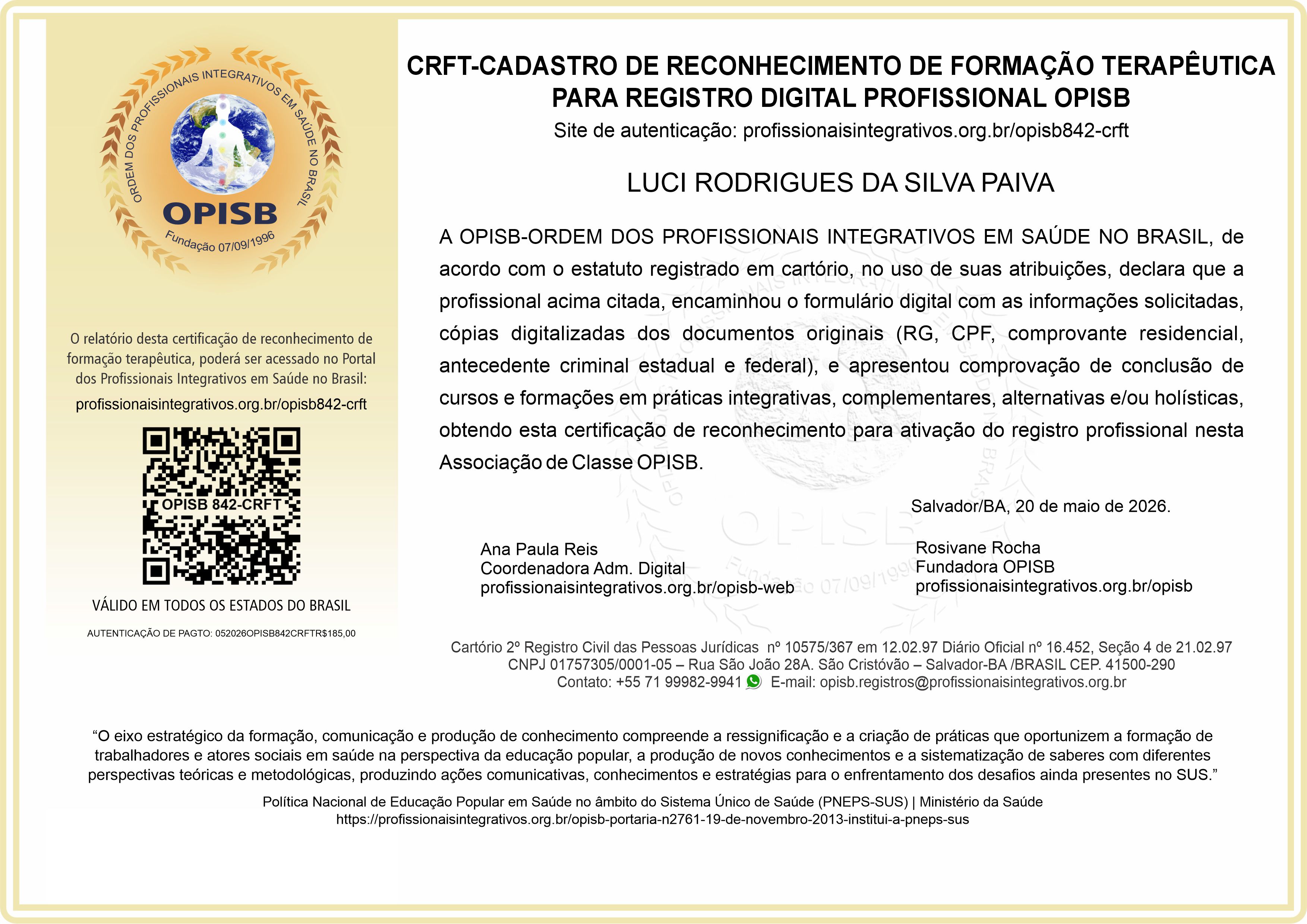 OPISB 842-CRFT Cadastro de Reconhecimento de Formação Terapêutica