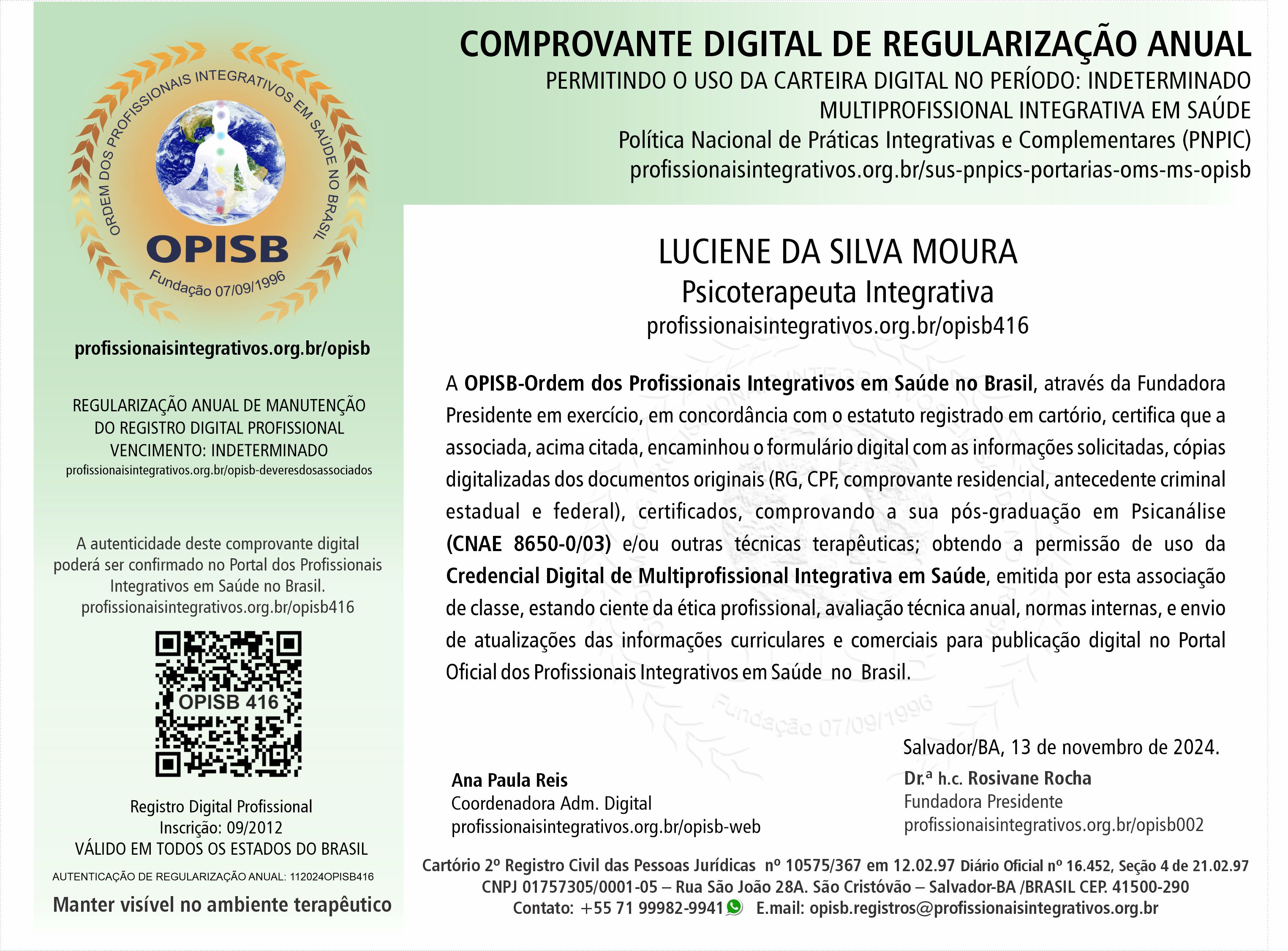 OPISB 416 Luciene Moura  Comprovante Digital de Regularização Anual