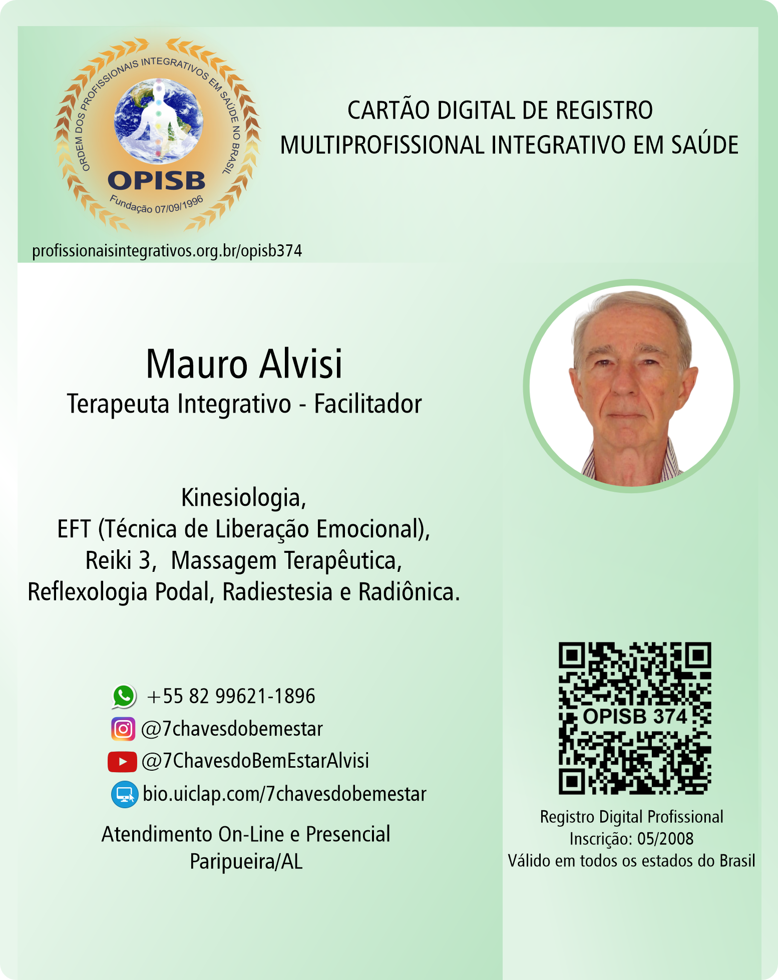 OPISB 374 Mauro Alvisi | Terapeuta Integrativo Facilitador | instagram @7chavesdobemestar | Paripueira - Alagoas